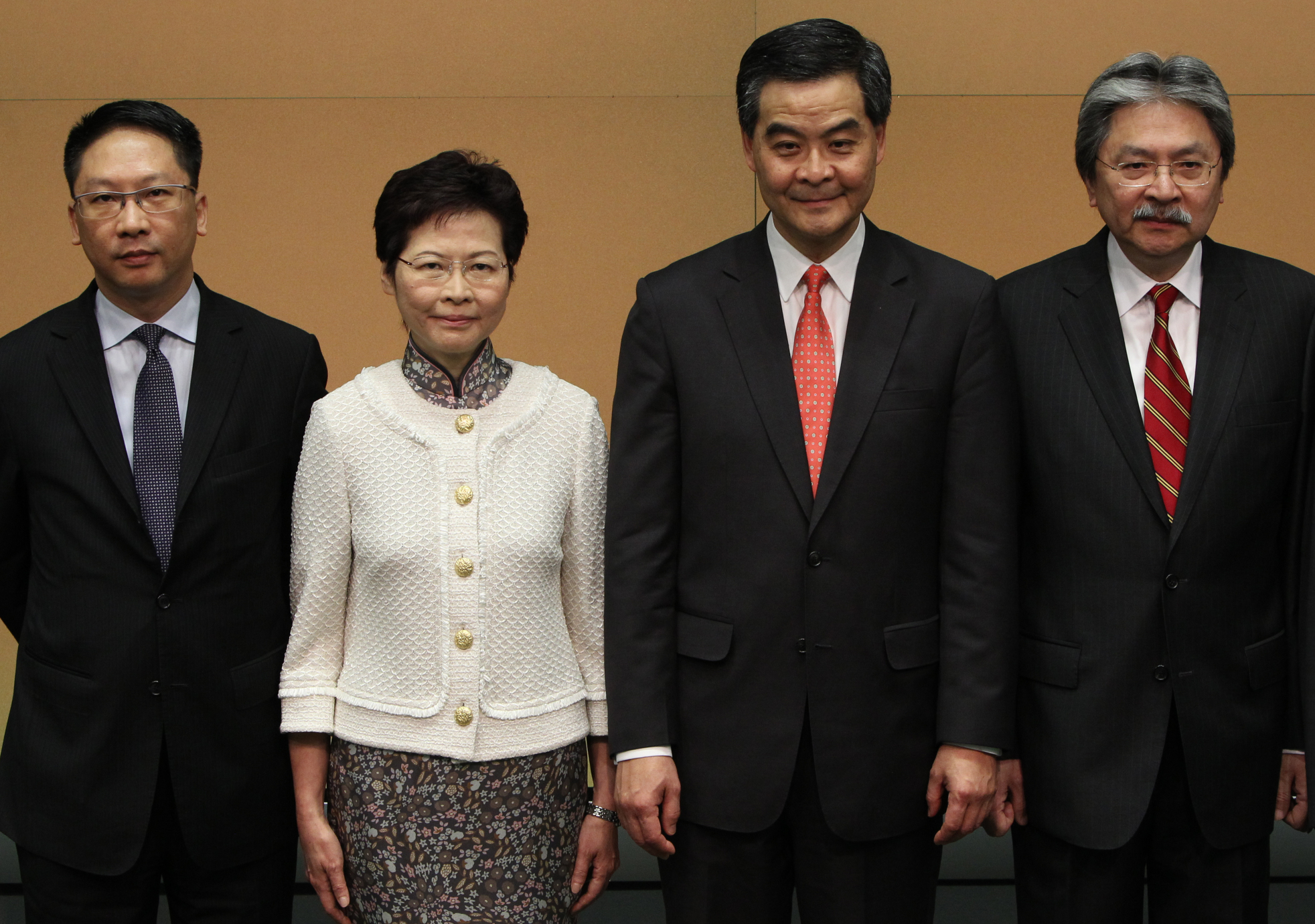 (From left) Secretary for Justice Rimsky Yuen, Chief Secretary for Administration Carrie Lam, Chief Executive Leung Chun-ying, and Financial Secretary John Tsang. Hong Kong leaders must stand up for city's best interests in political reform. Photo: David Wong