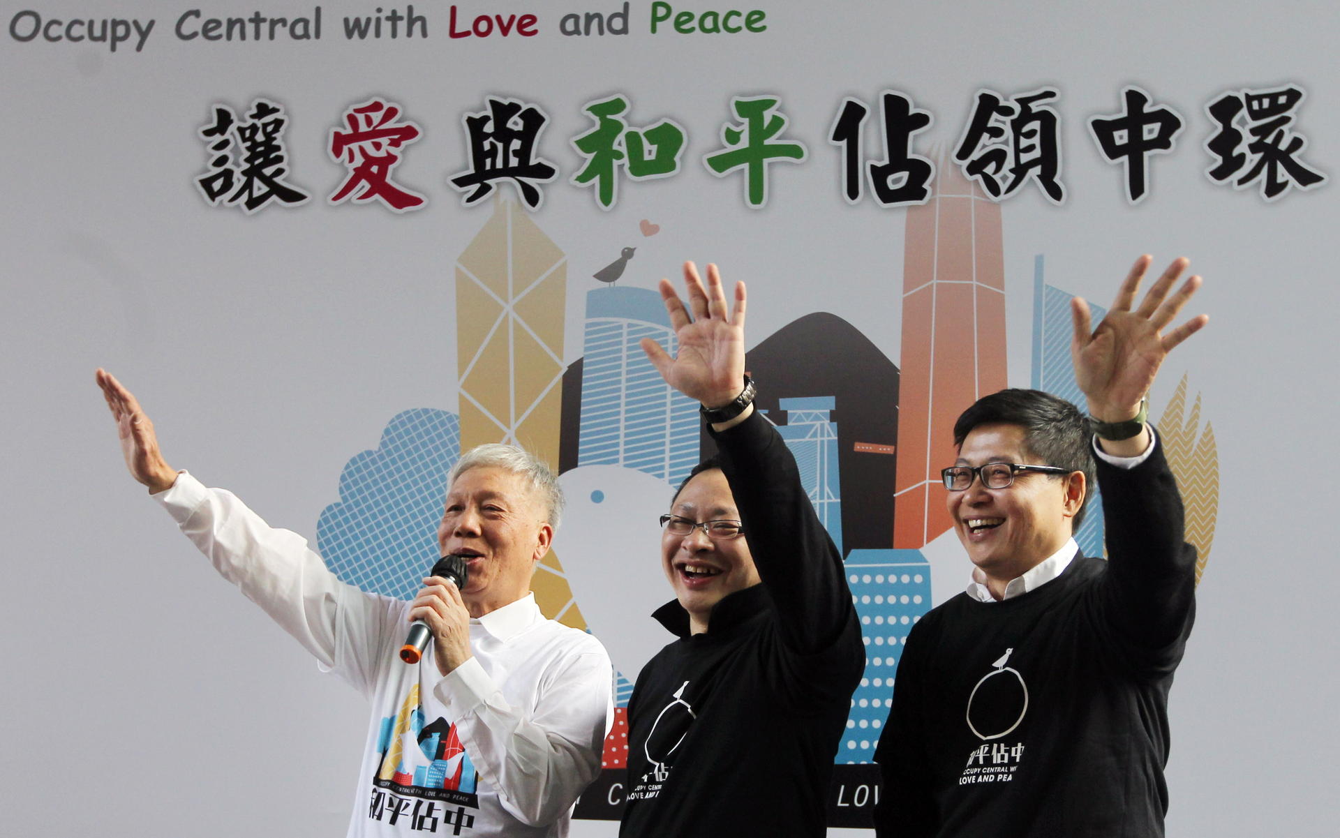 Chu Yiu-ming, Benny Tai, and Chan Kin-man, founders of Occupy Central movement, at a protest in Wan Chai. Photo: Sam Tsang