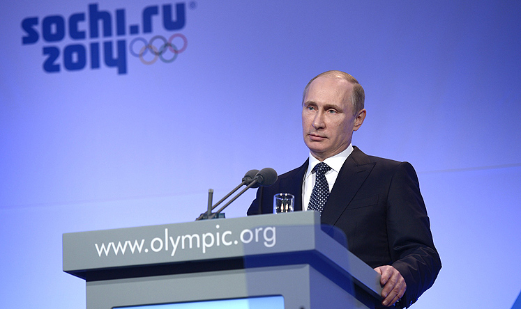 Russian President Vladimir Putin speaks during the IOC President's Gala Dinner in Sochi on Thursday. Photo: Reuters