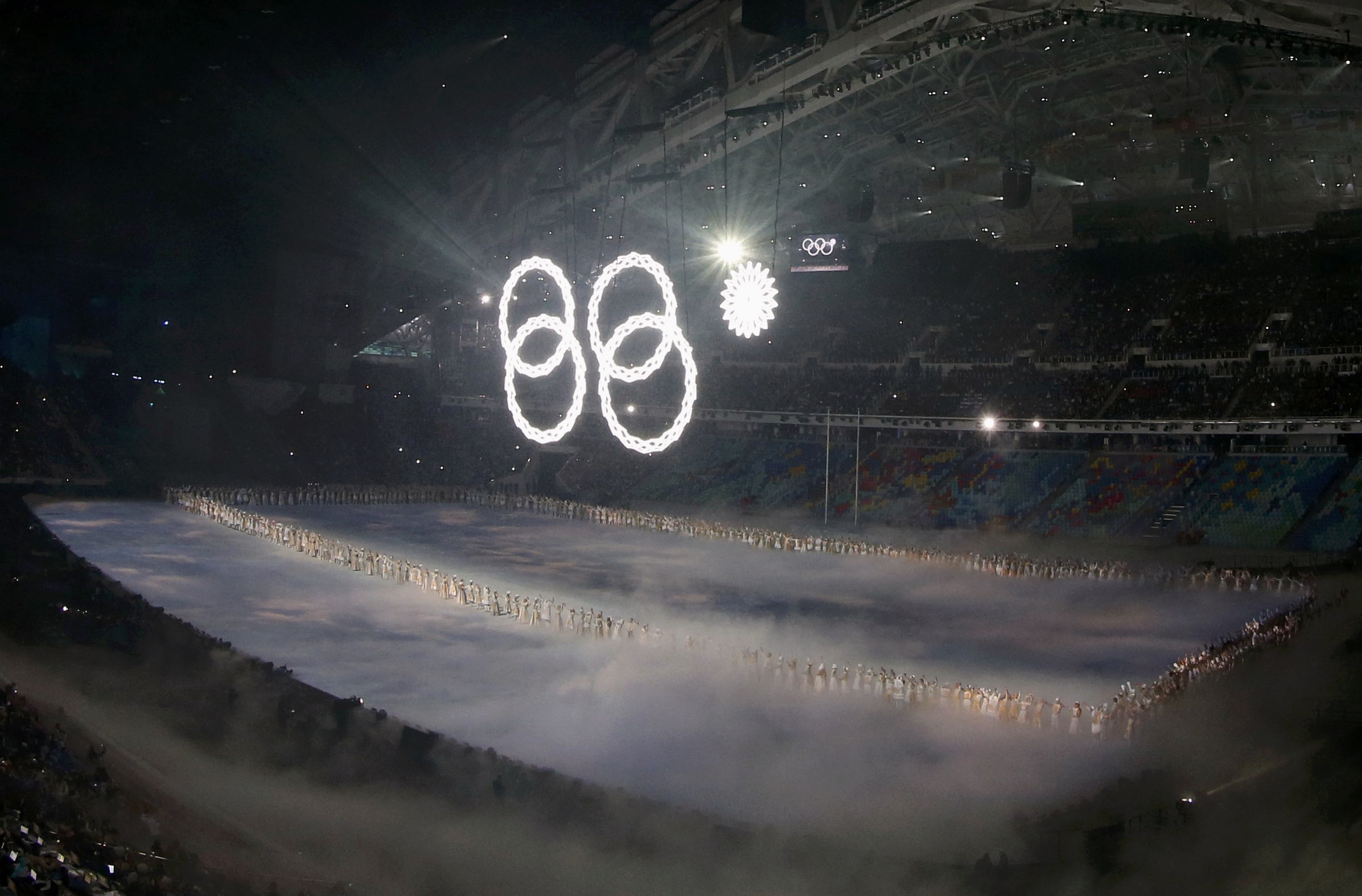 Four out of five Olympic rings are seen lit up during the opening ceremony of the 2014 Sochi Winter. Photo: Reuters
