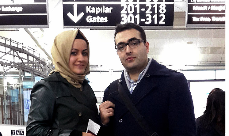 Expelled Azeri journalist Mahir Zeynalov with his wife Sevda Nur Arslan, at Ataturk Airport in Istanbul on Friday. Photo: AP