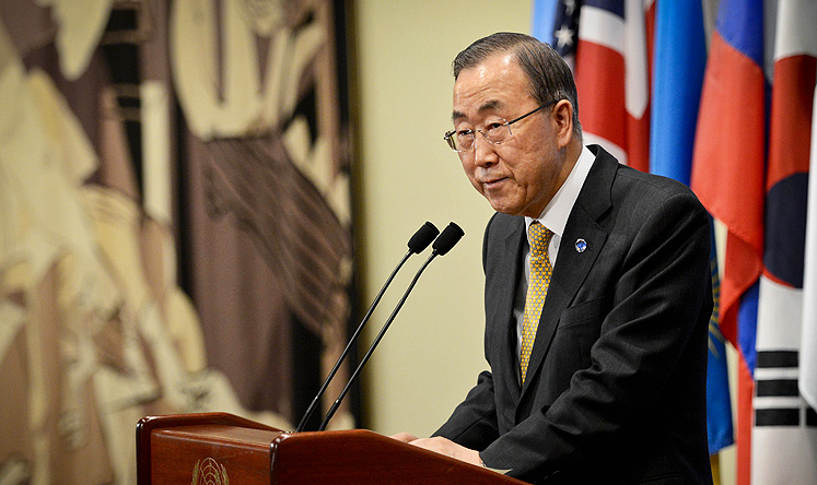 UN Secretary General Ban Ki-moon speaks on the Central African Republic at the UN headquarters in New York on Thursday. Photo: Xinhua