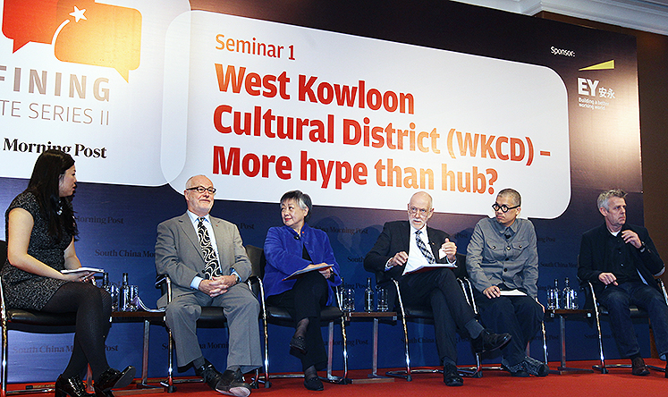 SCMP senior reporter Vivienne Chow, West Kowloon Cultural District Authority chief executive officer Michael Lynch, Hong Kong Arts Festival executive director Tisa Ho, Hong Kong Academy for Performing Arts director Adrian Walter, Hong Kong designer and artist Stanley Wong, and Foster + Partners partner Colin Ward, attend a seminar of "West Kowloon Cultural District - More hype than hub?", at the JW Marriott Hotel in Admiralty. Photo: Dickson Lee
