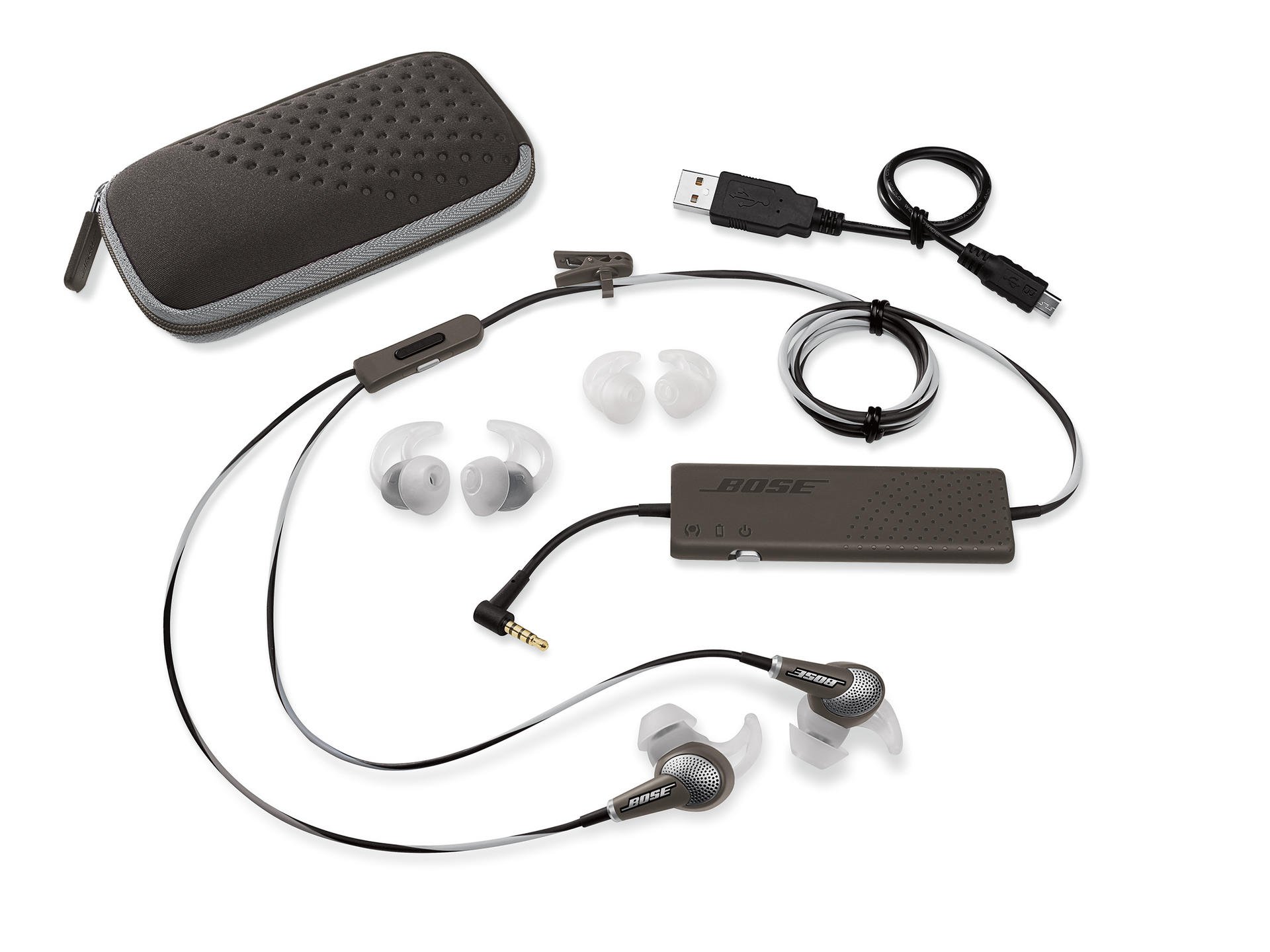 The Bose QuietComfort 20 headphones and accessories.