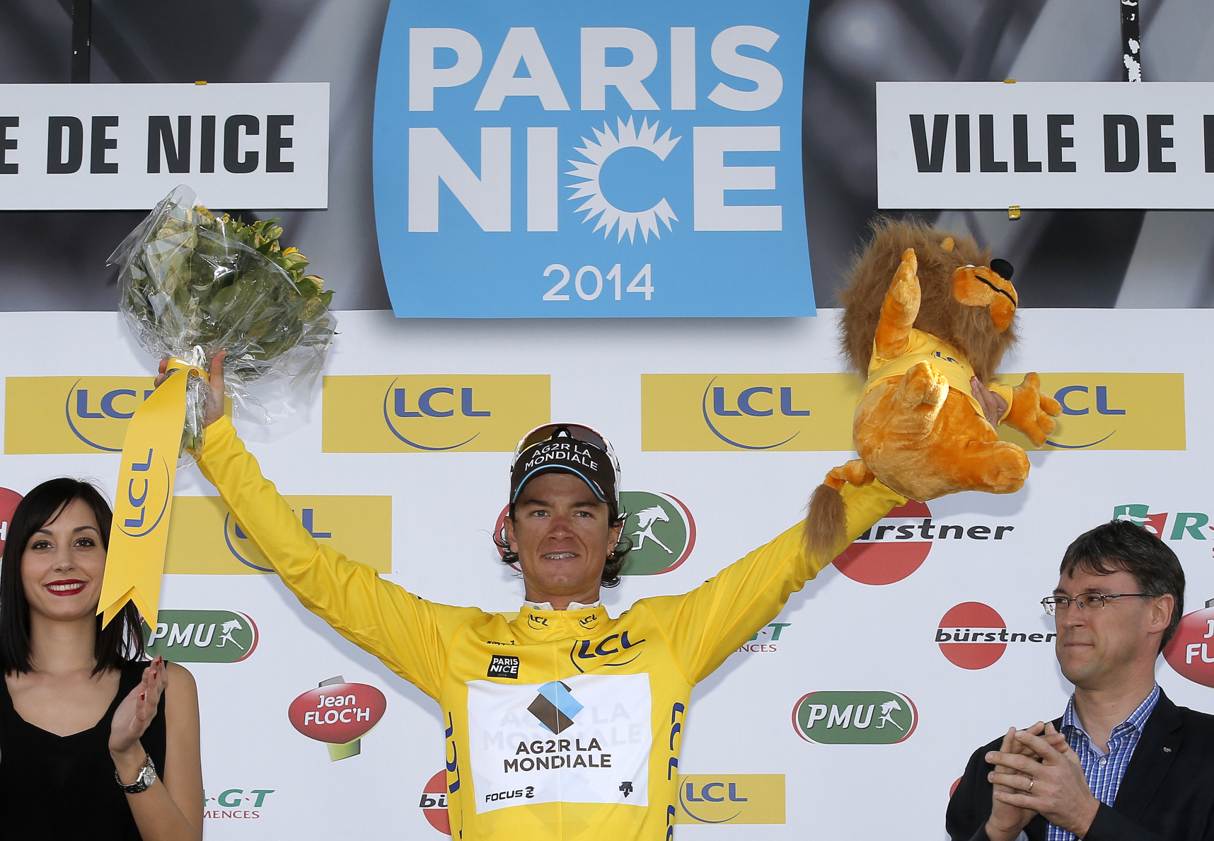 Winner of the Paris-Nice cycling race, Colombia's Carlos Betancur celebrates on the podium after the final stage in Nice. Photo: AP 