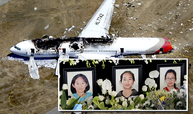 An aerial view of the Asiana plane and the three Chinese girls who died in the crash. Photo: Agencies