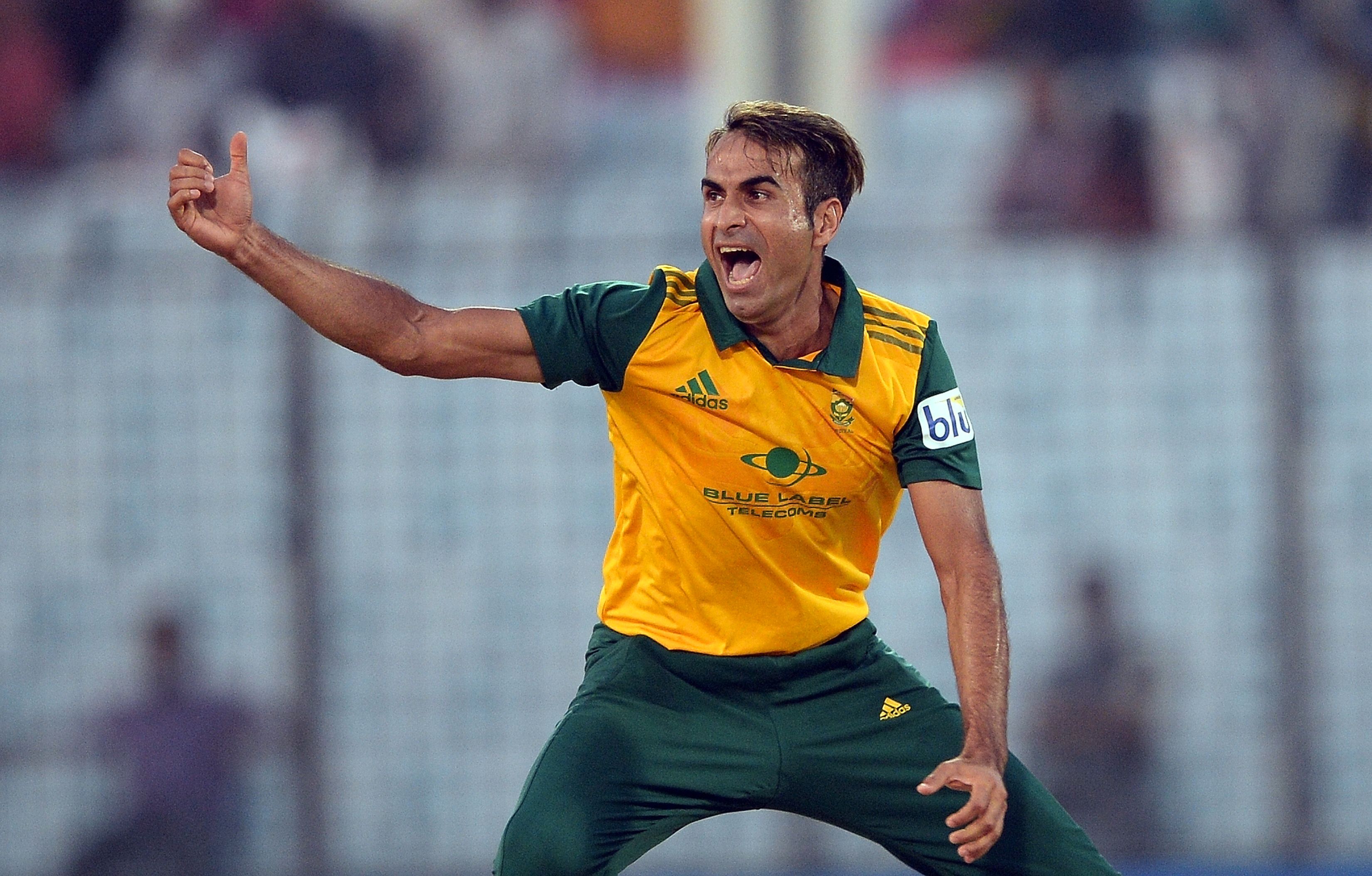 South Africa leg spinner Imran Tahir celebrates the wicket of Netherlands batsman Wesley Barresi. He leads the pack with with 11 wickets in four games. Photo: AFP