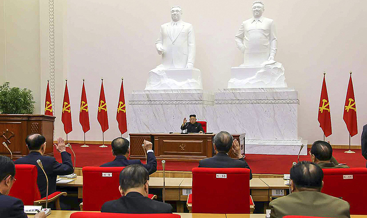 Kim Jong-un (centre) presides over a meeting of the Political Bureau in Pyongyang on Tuesday. Photo: EPA