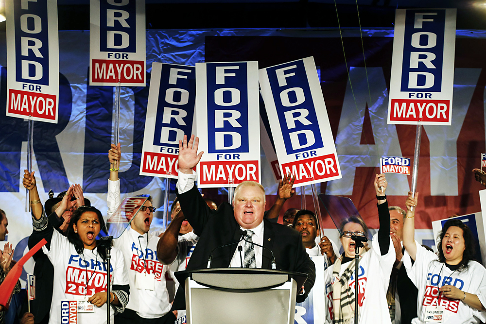 Mayor Rob Ford salutes his supporters as he official launches his re-election campaign on Thursday. Photo: Reuters