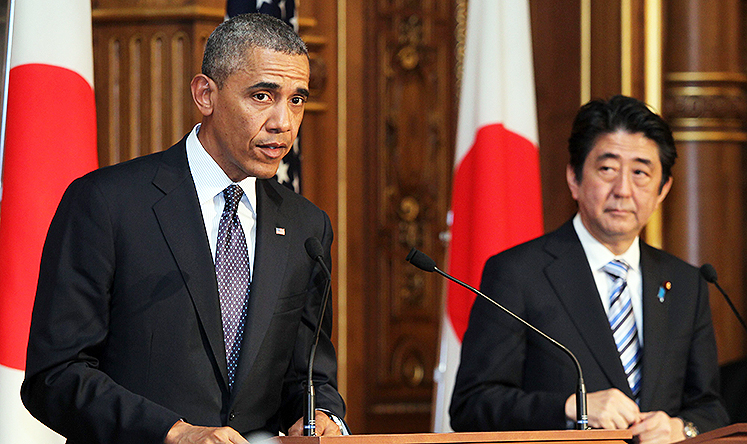 US President Barack Obama attends a press conference with Japanese Prime Minister Shinzo Abe at the Akasaka state guesthouse in Tokyo. Photo: AFP