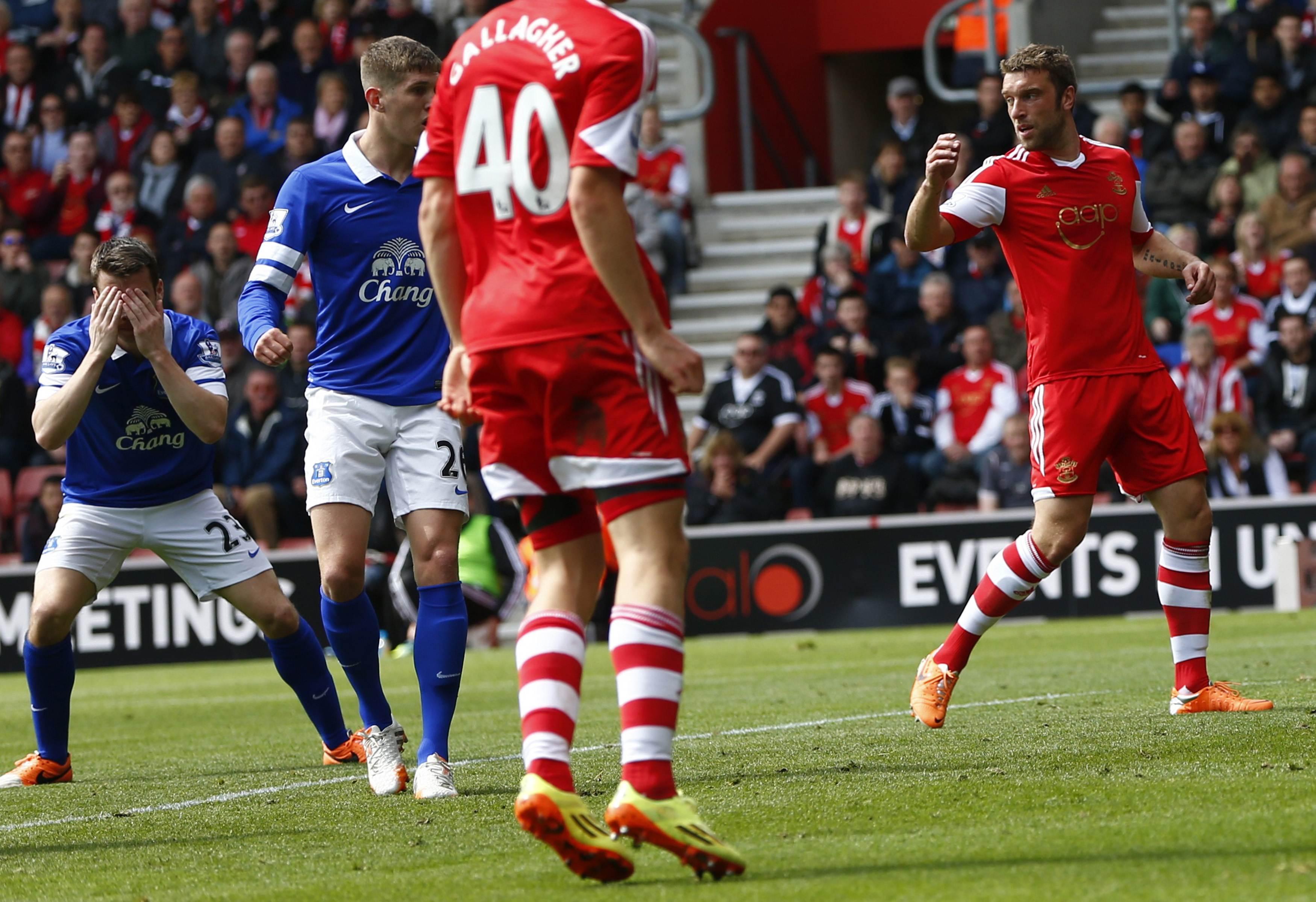 Everton's Seamus Coleman (left) reacts as he scores the team's second own goal in their match against Southampton at St Mary's stadium. Photo: Reuters 