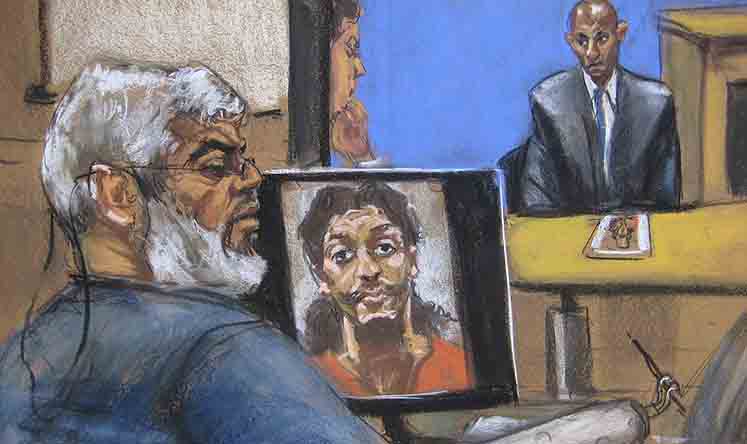 An artist's sketch of Abu Hamza sitting in a New York courthouse while a picture of shoe bomber Richard Reid is seen on a computer screen and Saajid Badat is questioned via teleconference. Photo: Reuters