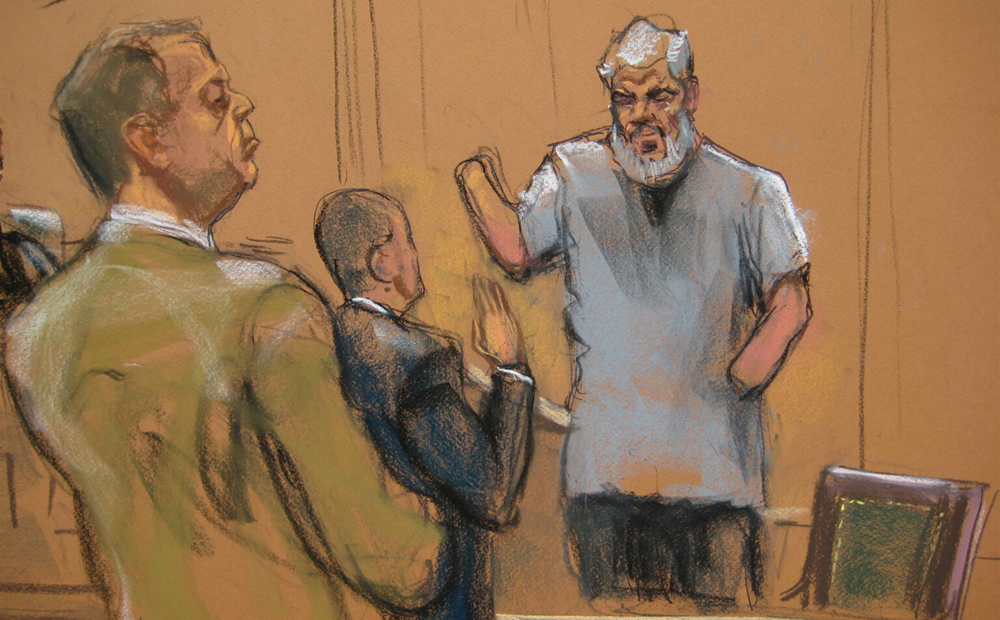 Abu Hamza, the radical Islamist cleric facing US terrorism charges, is sworn in to testify in Manhattan federal court in this artist's impression. Photo: Reuters