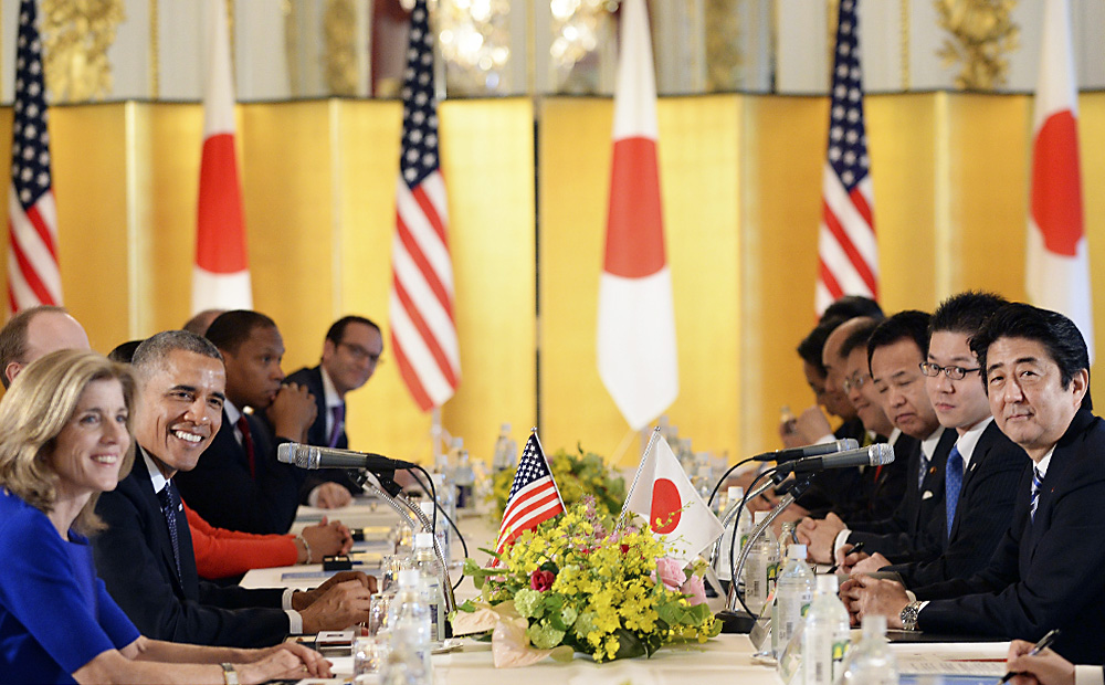Barack Obama meets Shinzo Abe at the Akasaka State Guest House in Tokyo in April. Photo: AP
