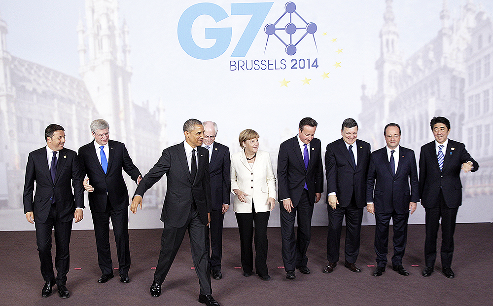 G7 heads of state attend a group photo during the second day of the G7 meeting in Brussels. Photo: AP