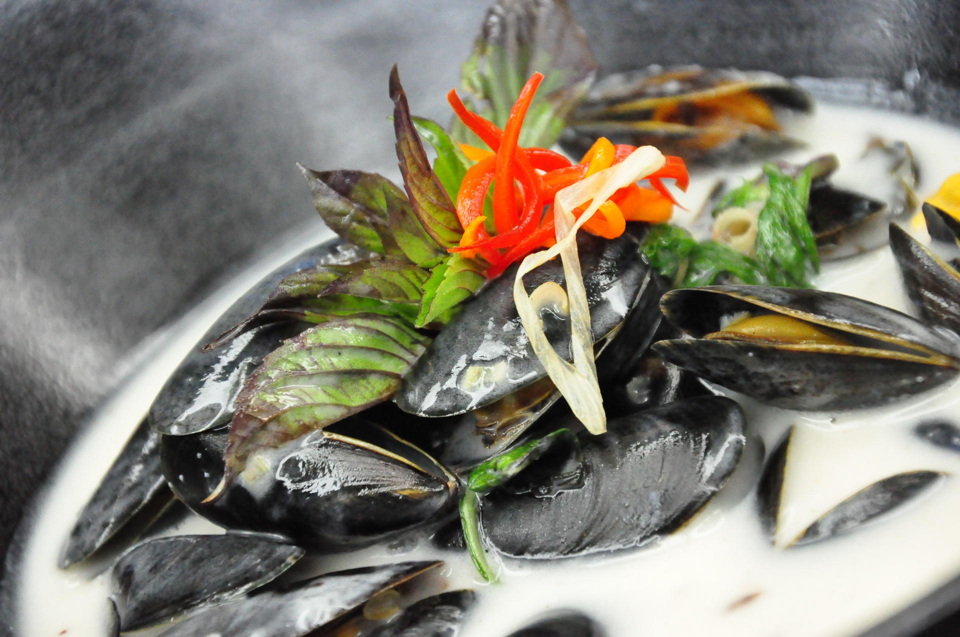 Mussels at Namo Avant Thai. The restaurant is a tranquil place for indoor dining.