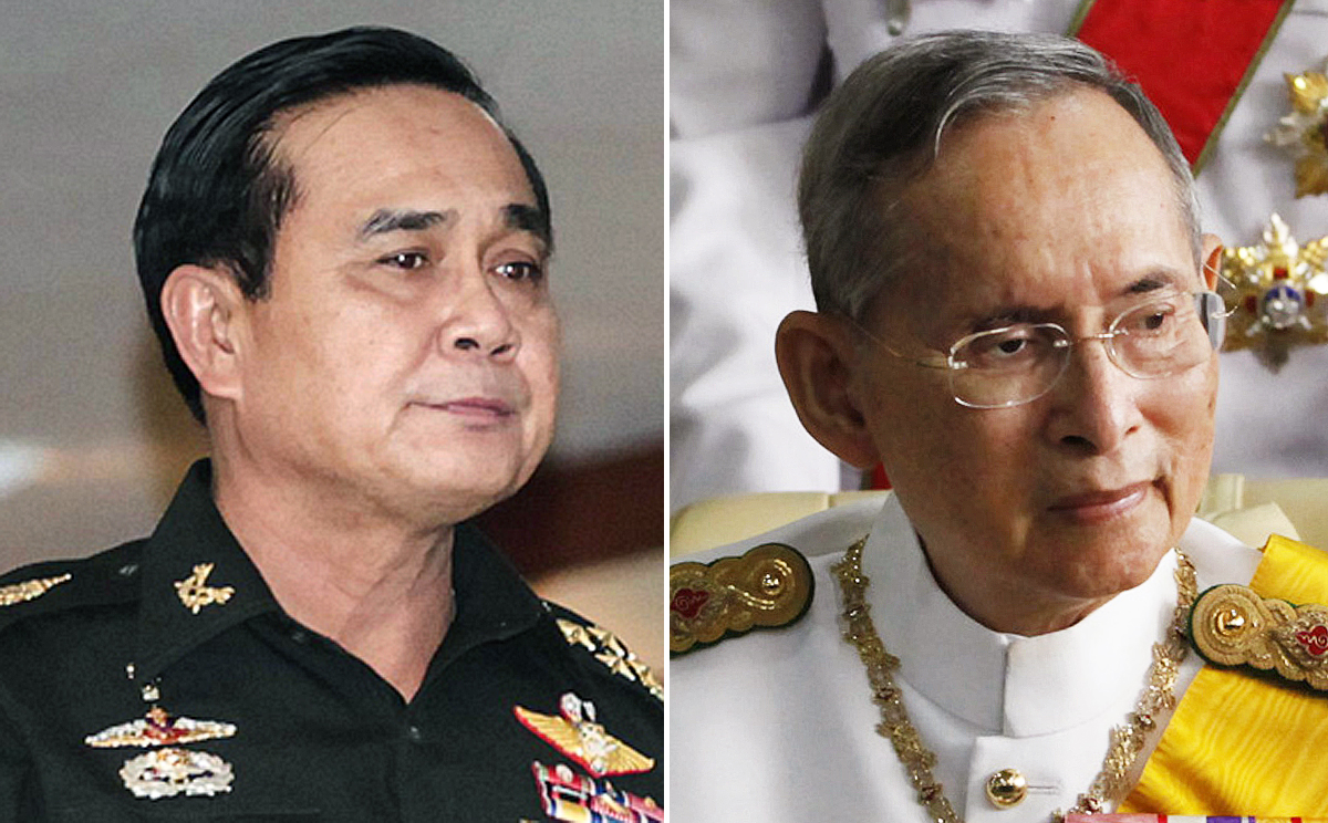 Thai junta leader Prayuth Chan-ocha (left) has selected a 200-member National Legislative Assembly, which endorsed by King Bhumibol Adulyadej (right). Photos: Reuters