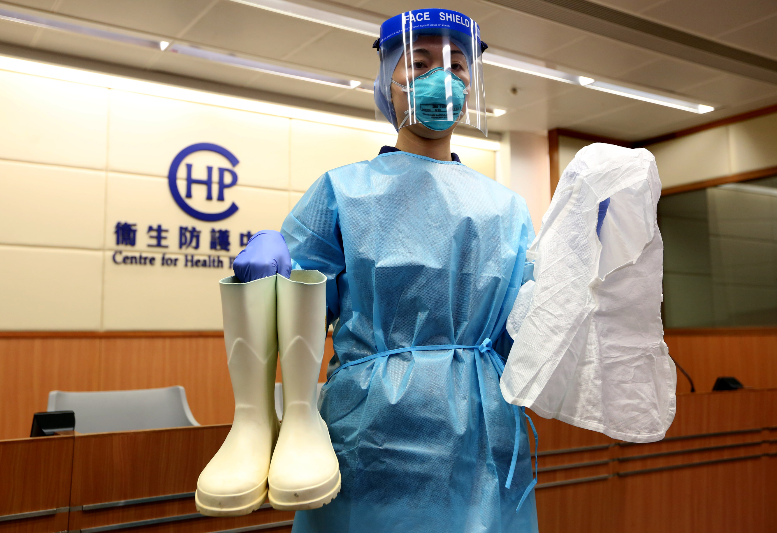 A nursing officer from the Hong Kong Health Department wears personal protective equipment recommended against the Ebola virus.