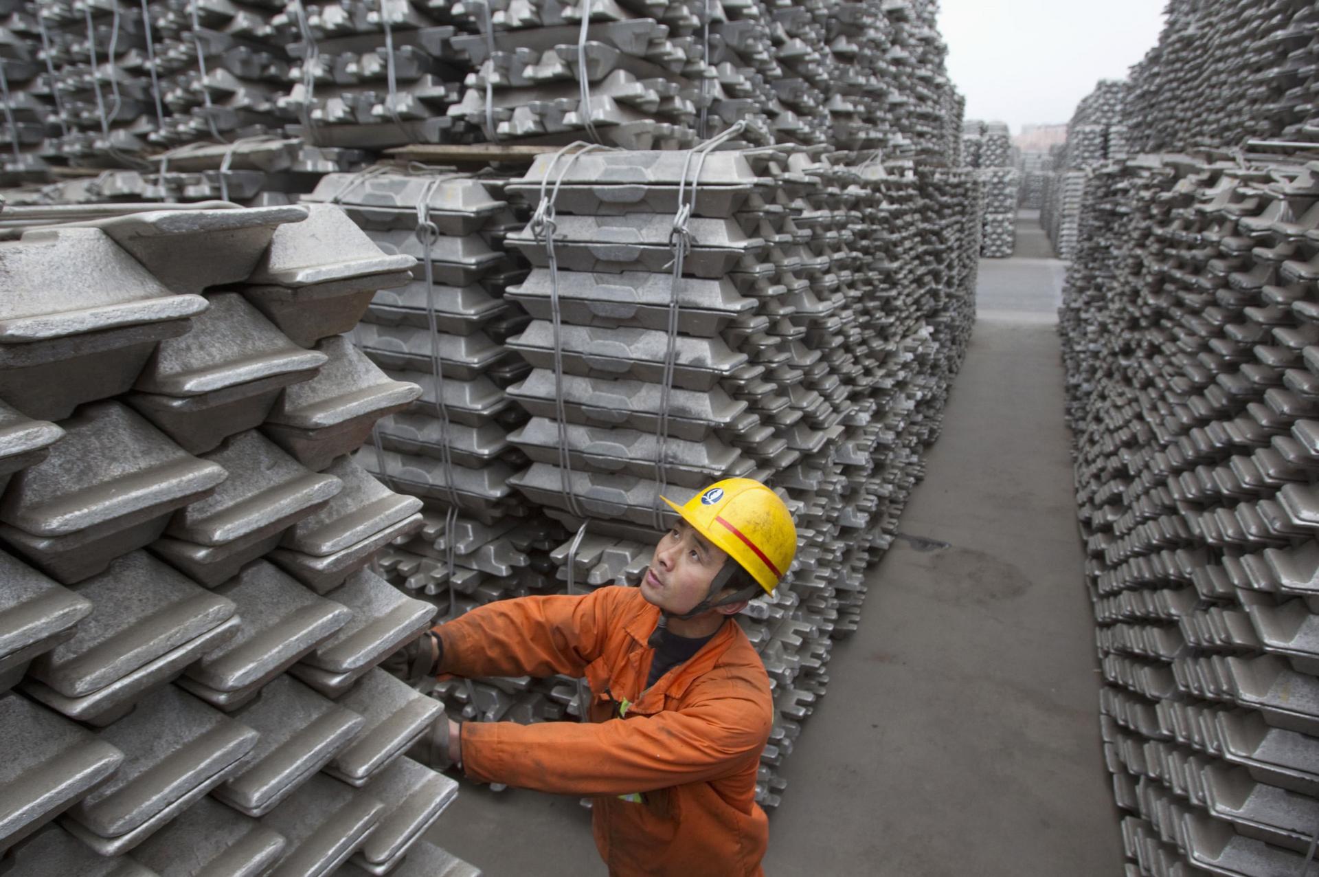 Aluminium ingots stored at Qingdao Port for export.