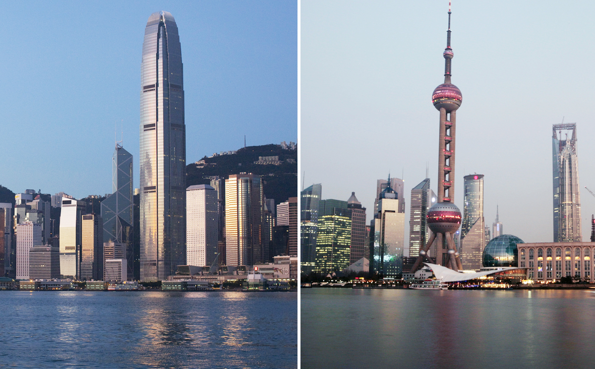 A combination photo of Hong Kong and Shanghai's skylines. Photo: SCMP Pictures