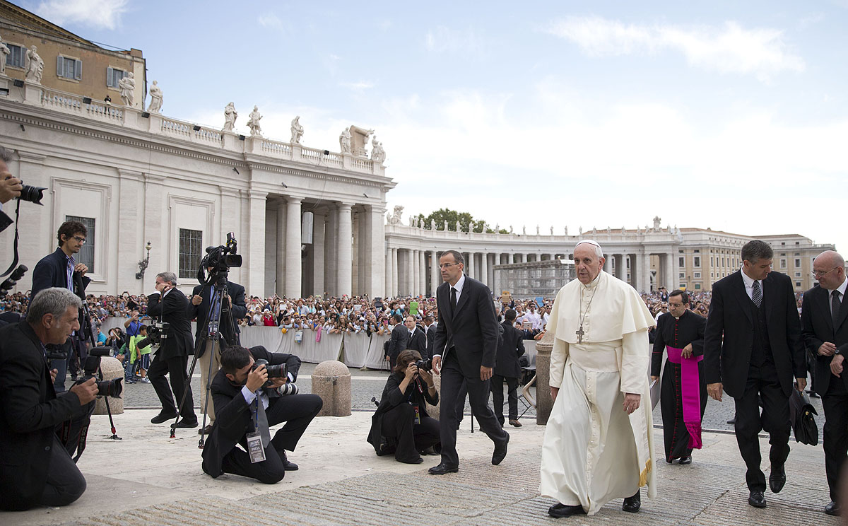 Pope Francis arrives to hold his weekly general audience in St Peter's Square at the Vatican on Wednesday. Photo: AP