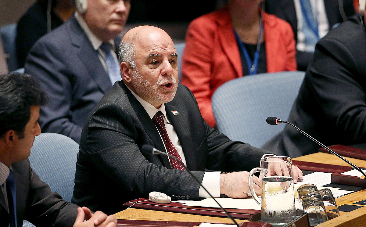 Iraq's Prime Minister Haidar al-Abadi speaks at a Security Council meeting on global terrorism during the U General Assembly in New York on Wednesday. Photo: AFP
