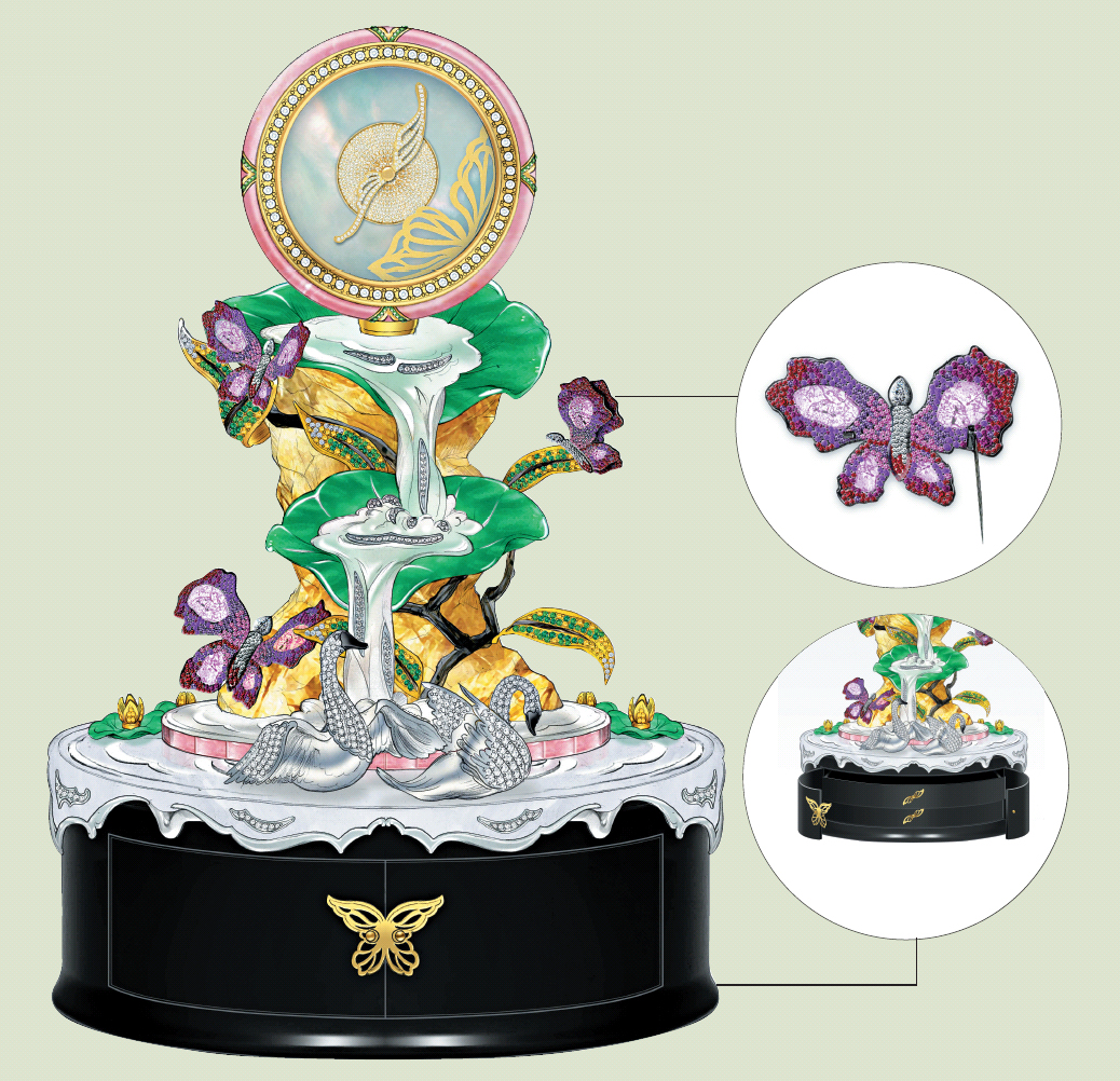 The music box has been transformed into an extraordinary piece of bejewelled art, with a detachable butterfly brooch and rotating swans. Illustration: Royal Insignia