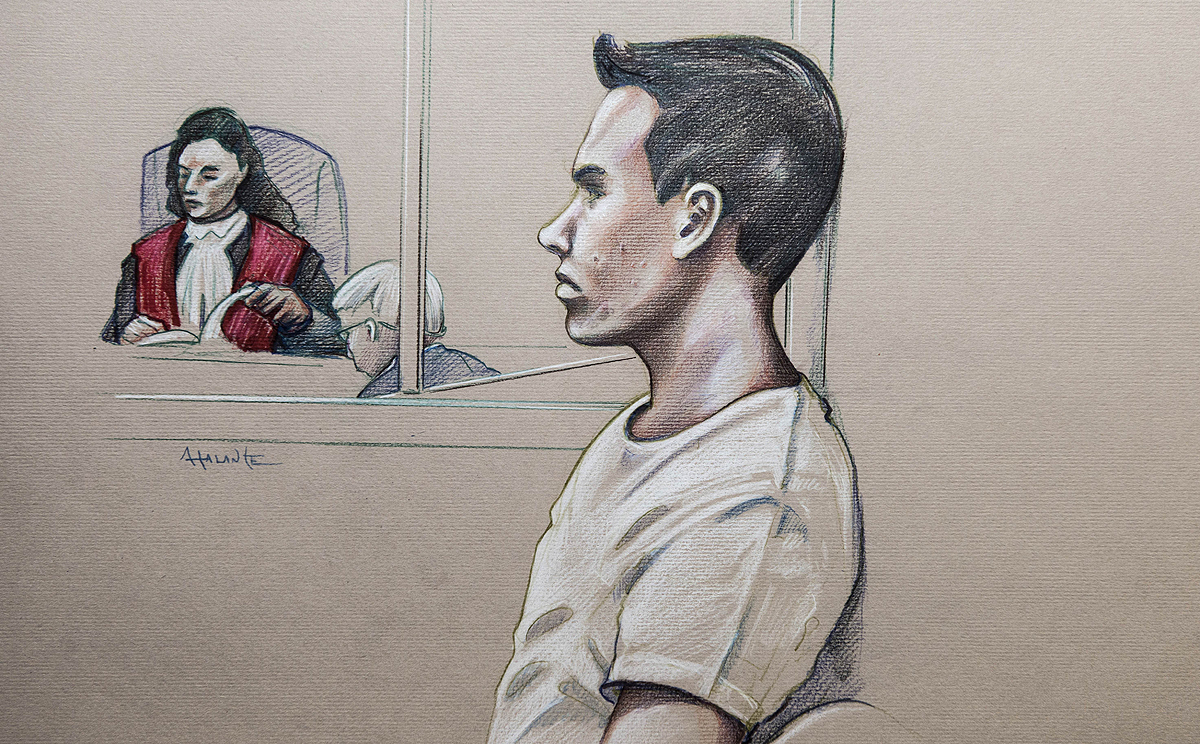 This courtroom sketch shows Luka Magnotta as he appeared for a preliminary hearing in Montreal. Photo: AFP