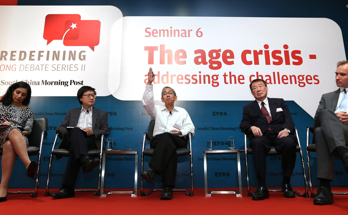 From Left: Shalini Mahtani, Franklin Lam, Joseph Wong, Nelson Chow and Wim Hekstra on stage at the Redefining Hong Kong Debate Series, where Wong and Chow squared off over pensions. Photo: Nora Tam