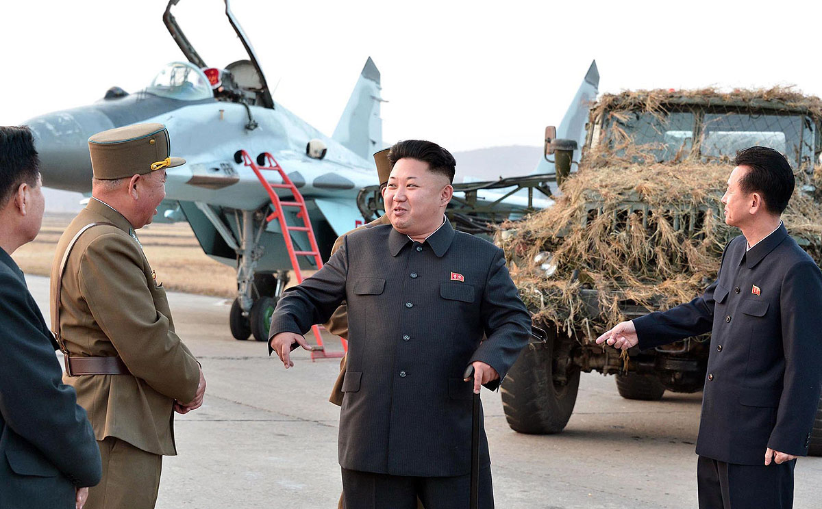 North Korean leader Kim Jong-Un (centre) inspects Korean People's Army equipment at undisclosed location on Thursday. Photo: AFP