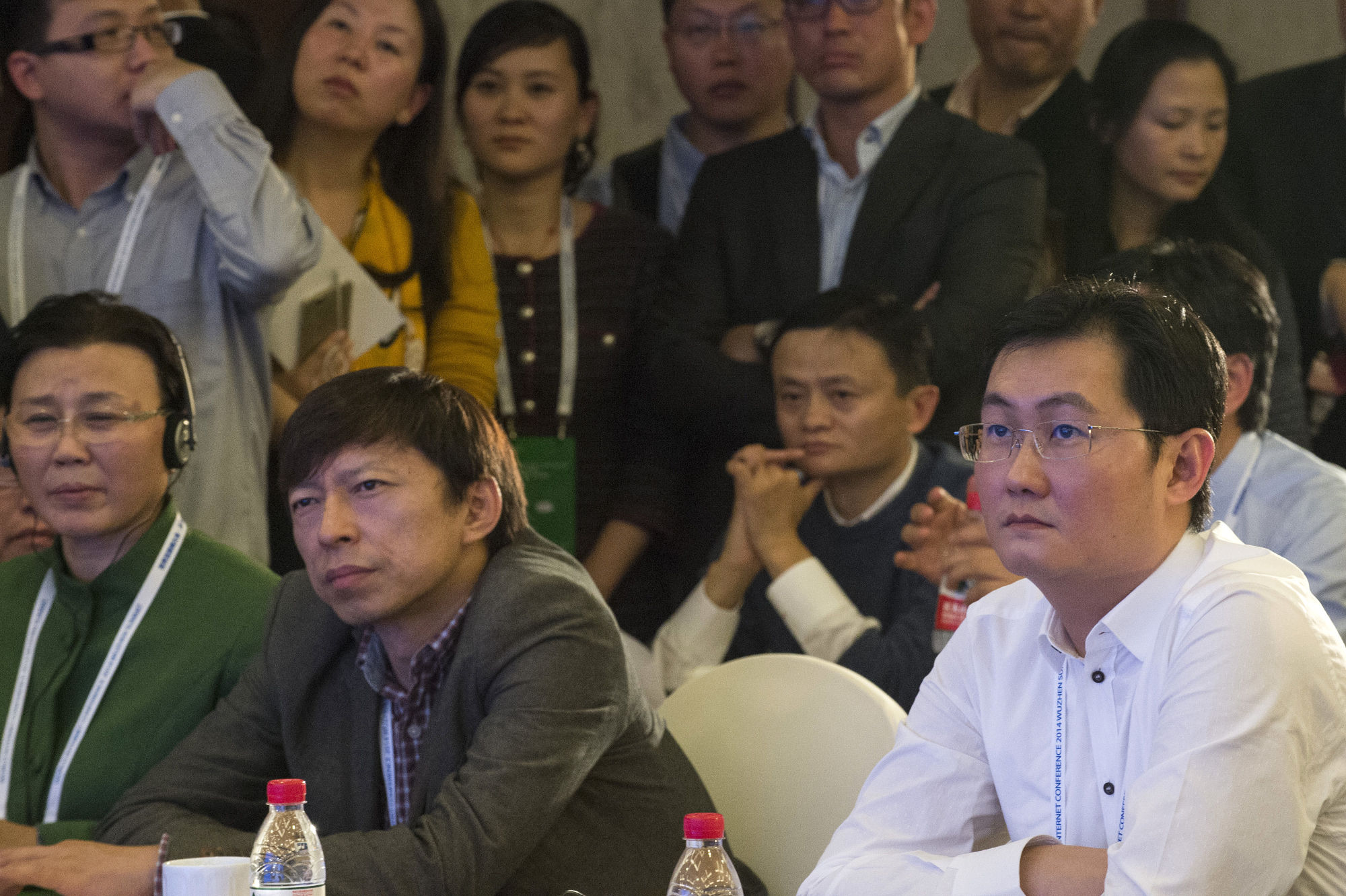 Ma Huateng (right), chairman of Tencent, Jack Ma (2nd right), executive chairman of Alibaba, and Charles Zhang, chairman of Sohu Inc., attend the World Internet Conference in Wuzhen. Photo: Xinhua