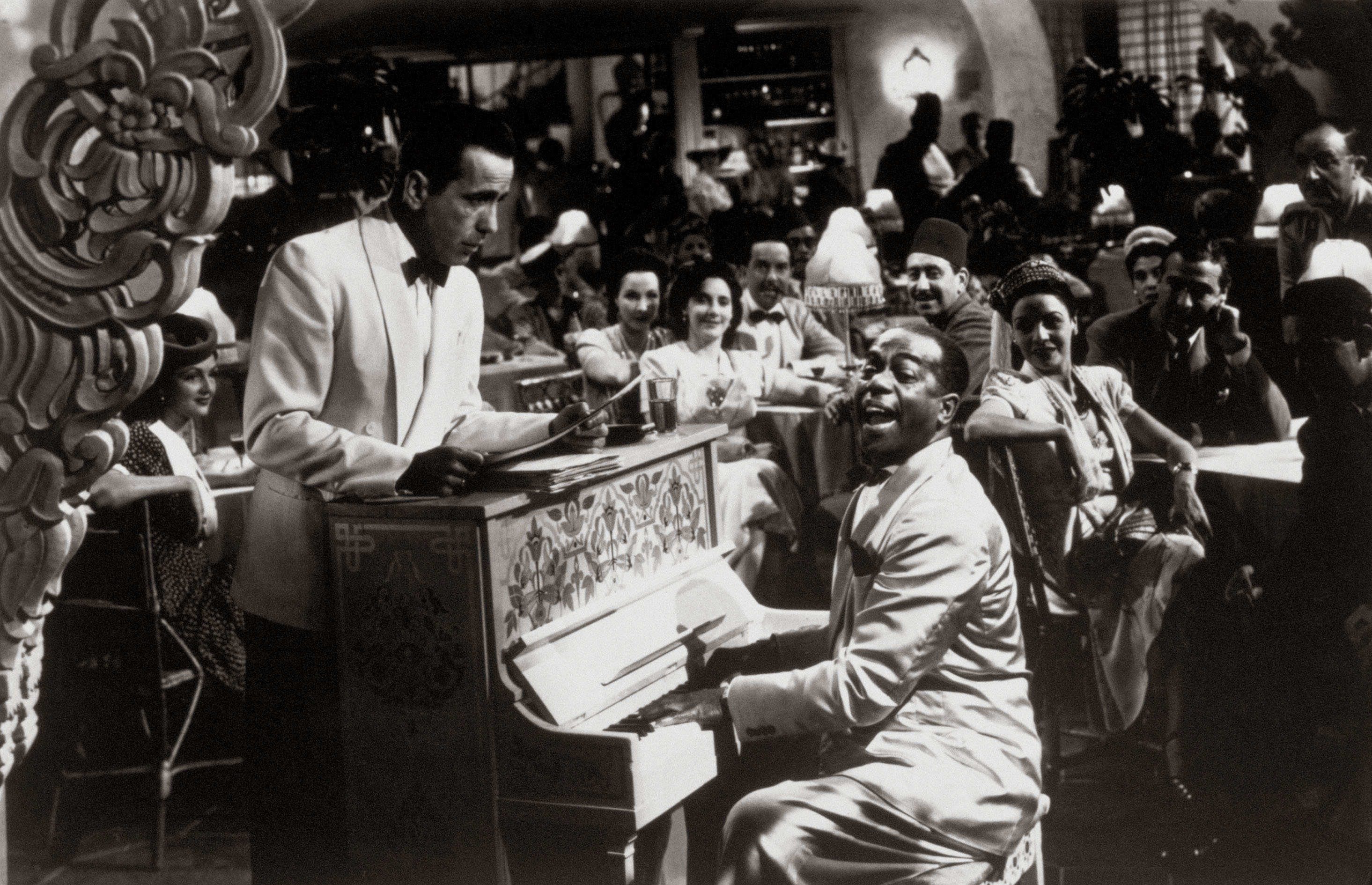 The piano shown in a scene from the 1942 film, Casablanca, starring Humphrey Bogart (left) and Dooley Wilson. Photo: Warner Bros