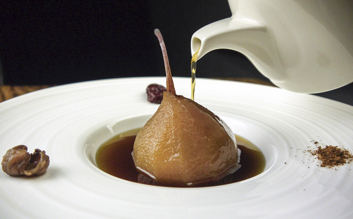 Triple wild mushroom consommé and poached baby pear.