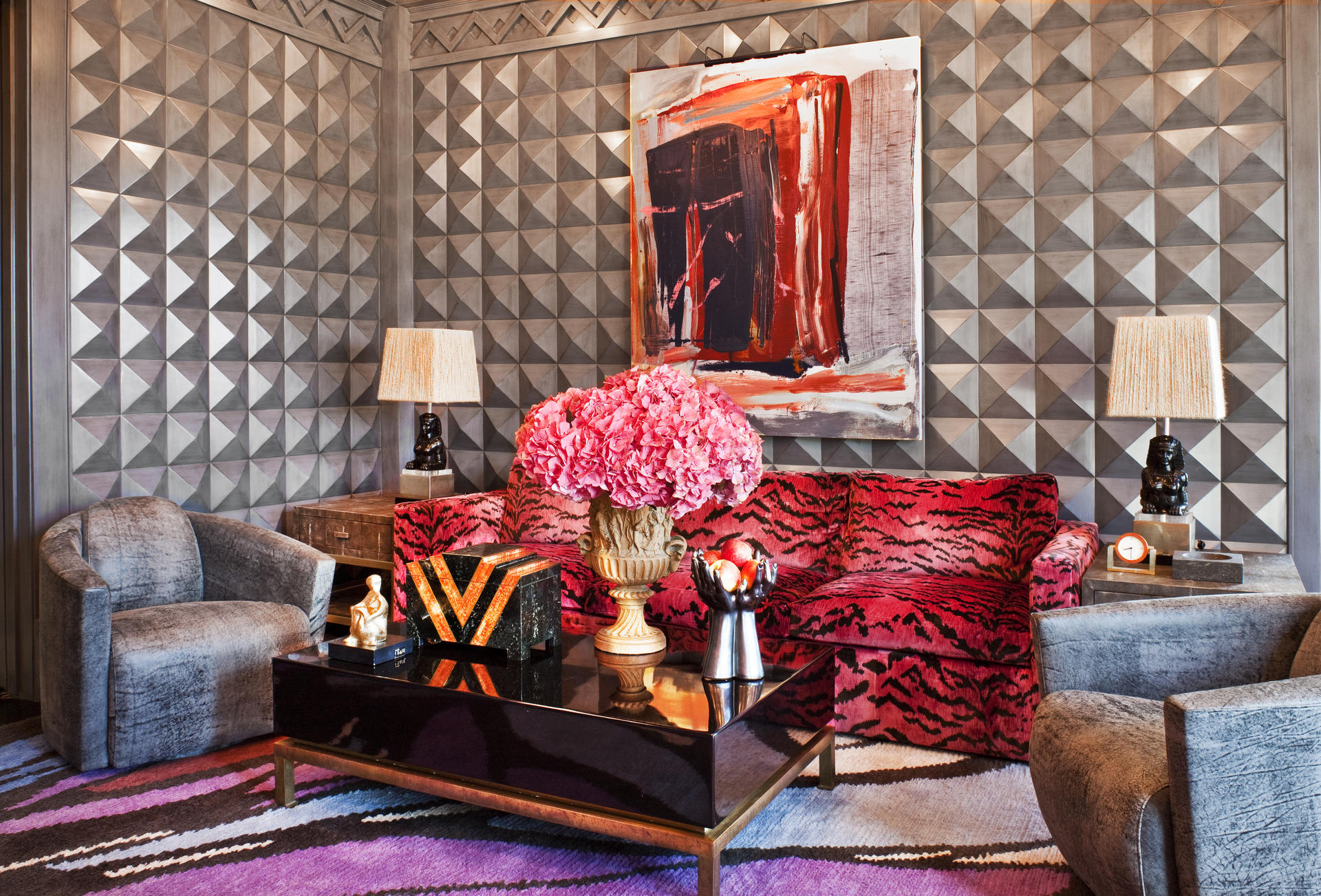 Layers of colour and texture in the family room at the Bellagio residence in Bel Air, California. Bellagio is one of Kelly Wearstler's interior design projects.