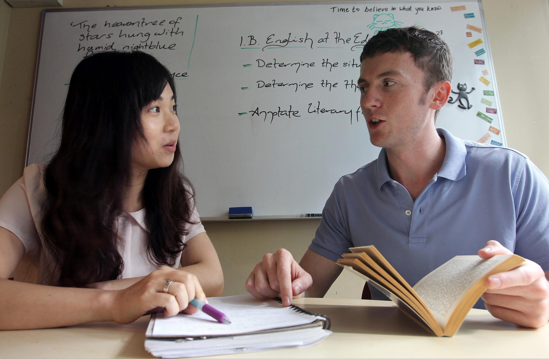 Student Tracy Tian (left) and English instructor Conor Dawson at the American accent tutorial school in Causeway Bay. Photo: Dickson Lee