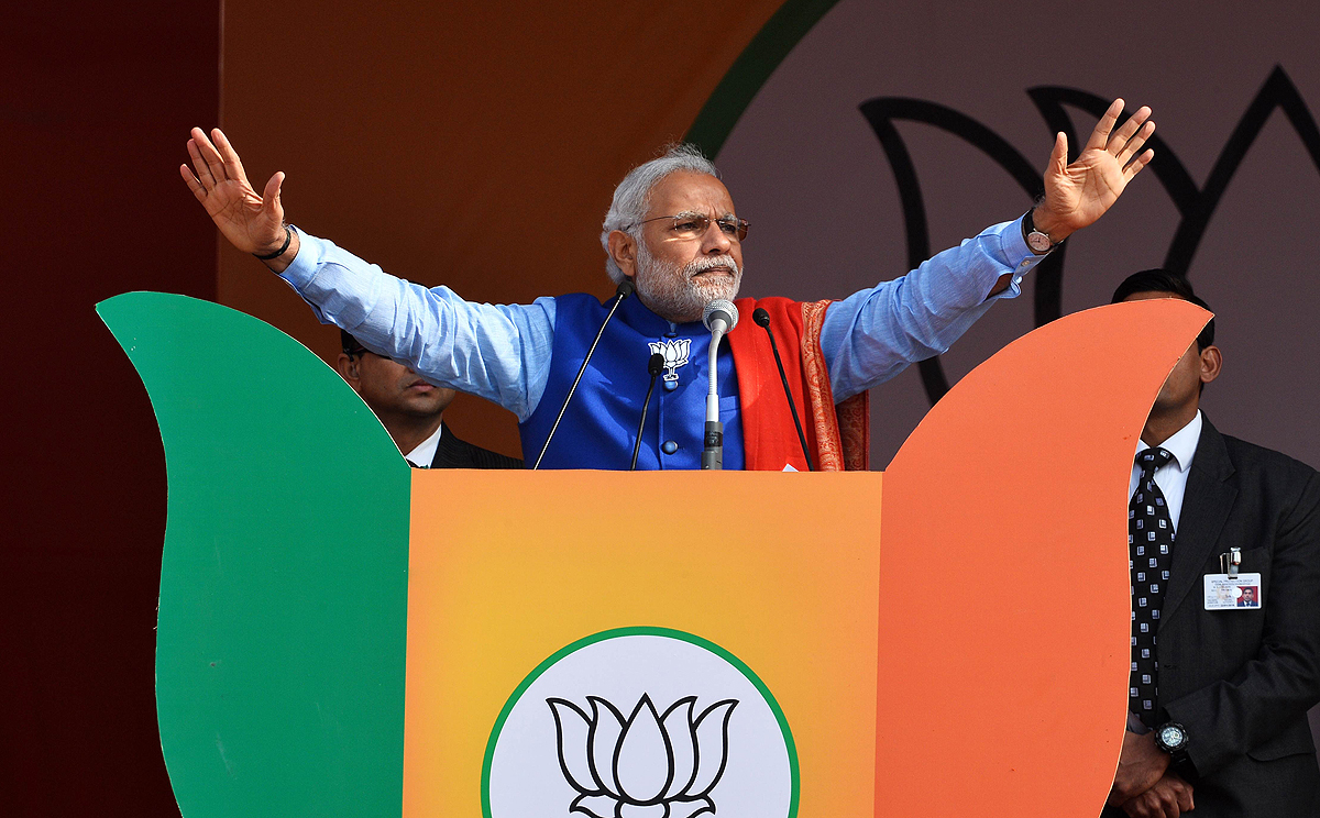 Narendra Modi gestures as he addresses a political rally in Delhi on Saturday. Photo: AFP