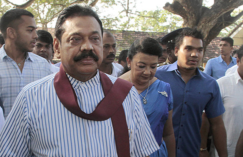 Former president Mahinda Rajapaksa pictured as he arrived to vote at a polling station in Tangalle, Sri Lanka, on Thursday. Photo: AP