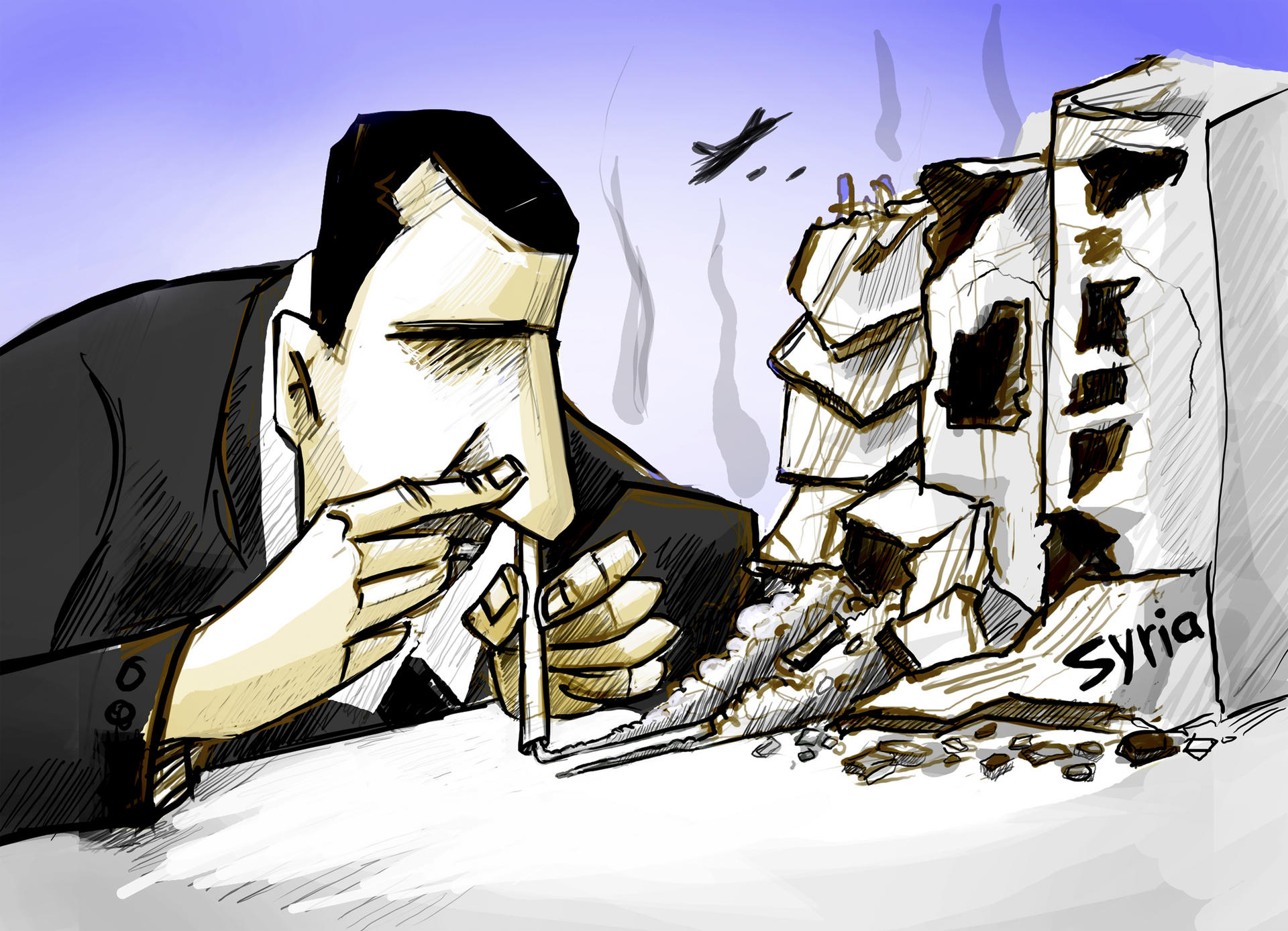 The cover image, by Amjad Wardeh, of a book called Art of Resistance: Collected Cartoons from the Syrian War features Syrian President Bashar al-Assad snorting building dust as if it were cocaine.