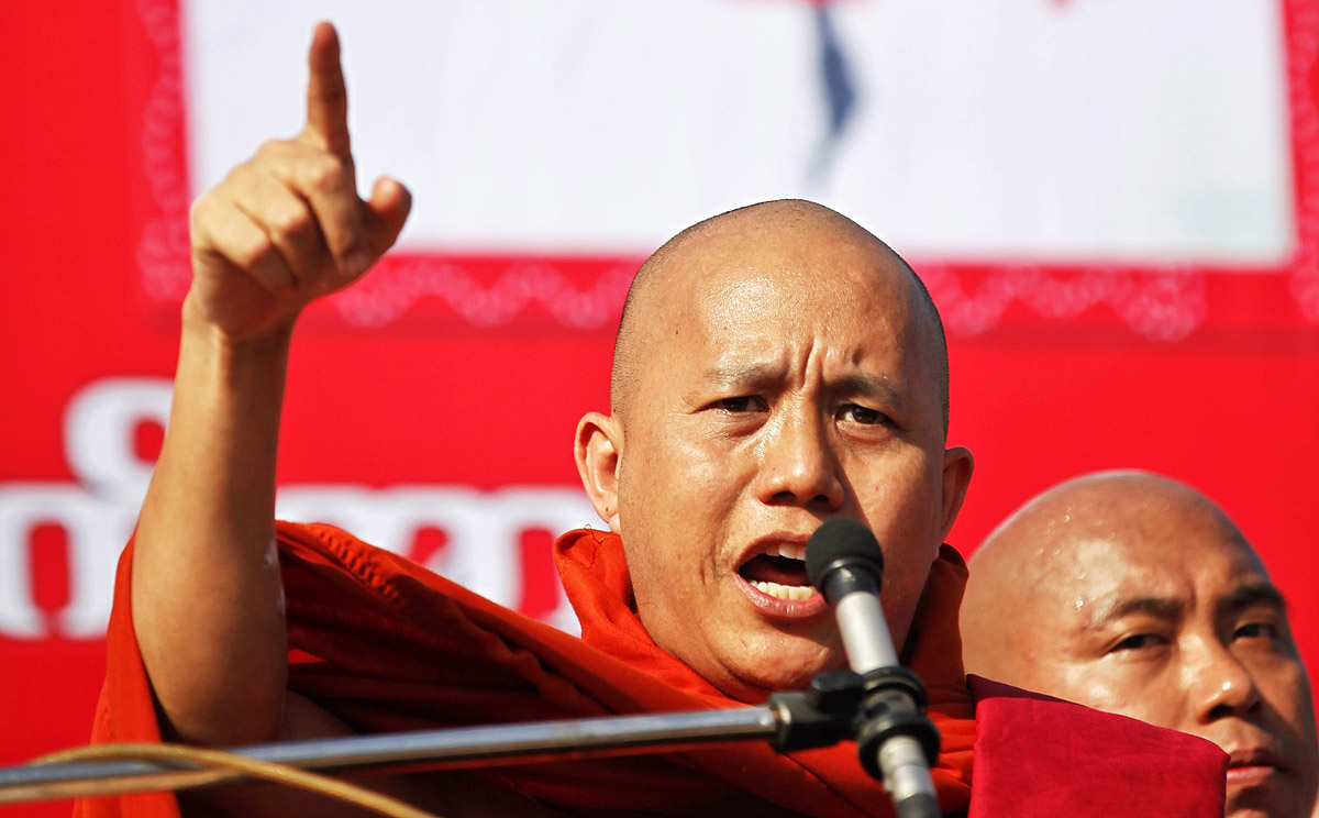 Buddhist monk Wirathu attacks UN calls for Myanmar to give citizenship to Rohingyas during a rally in Yangon last week. Photo: EPA