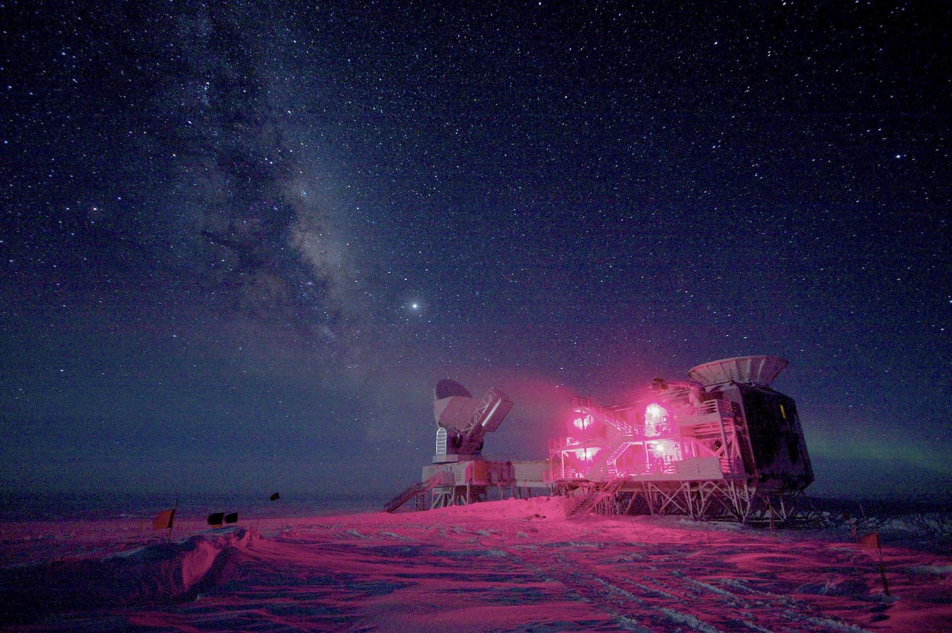 The BICEP and the South Pole telescopes seen against the night sky as they search for signals from the heavens that provide clues to the expansion of space in the early universe. Photo: Reuters