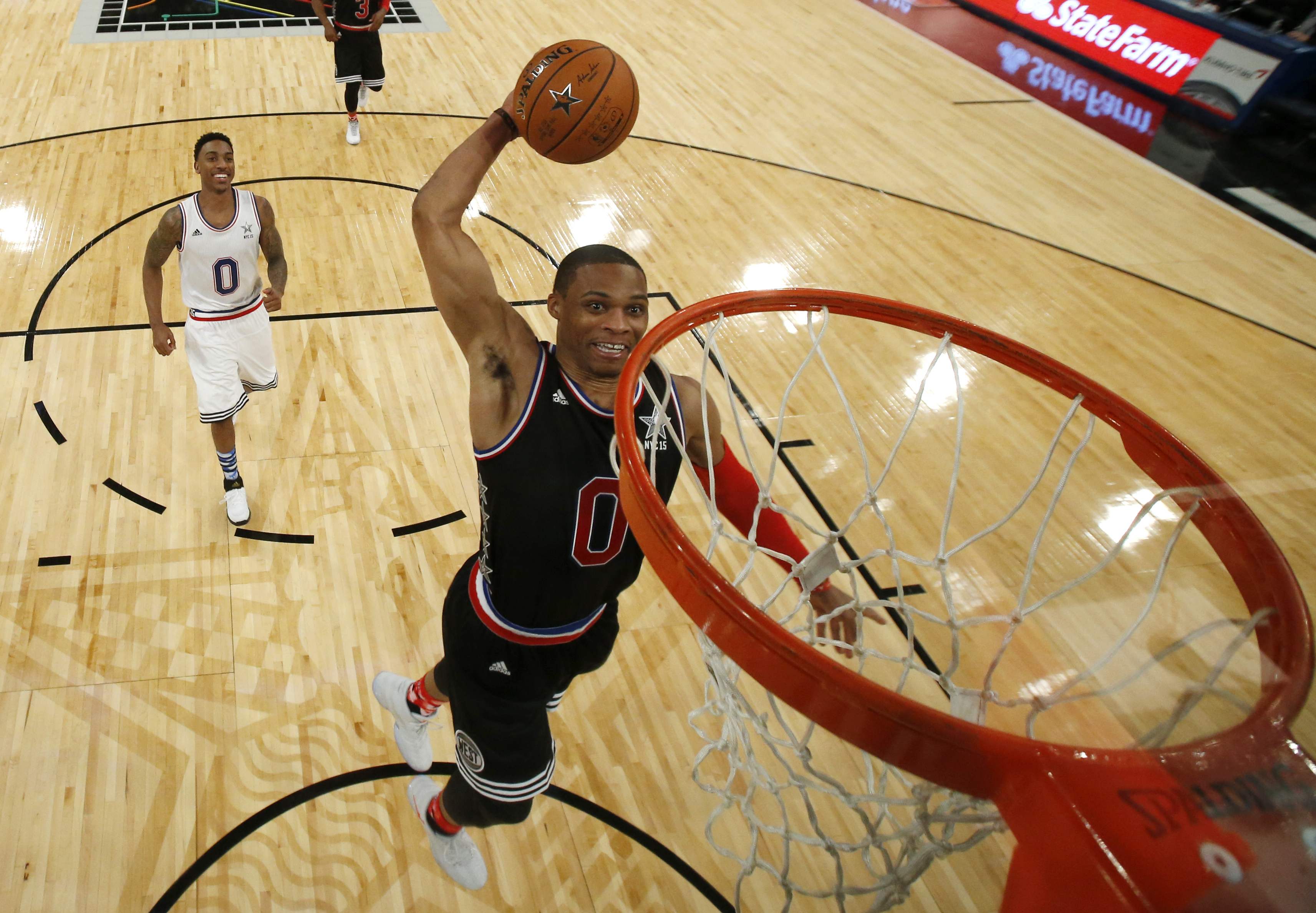 The Western Conference's Russell Westbrook on his way to a tally of 41 points. Photo: AP