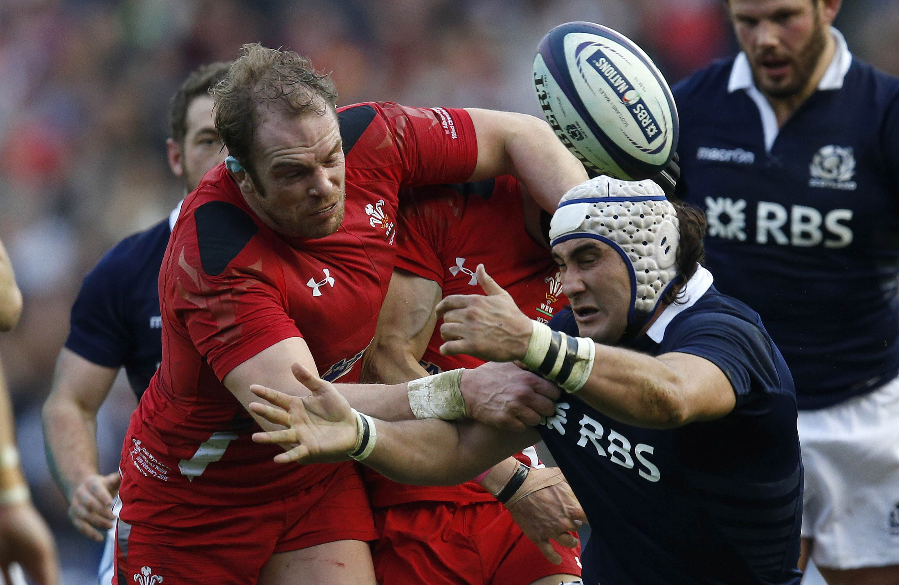 Scotland's Blair Cowan (right) challenges Alun Wyn Jones of Wales during their Six Nations match at Murrayfield. Photo: Reuters

