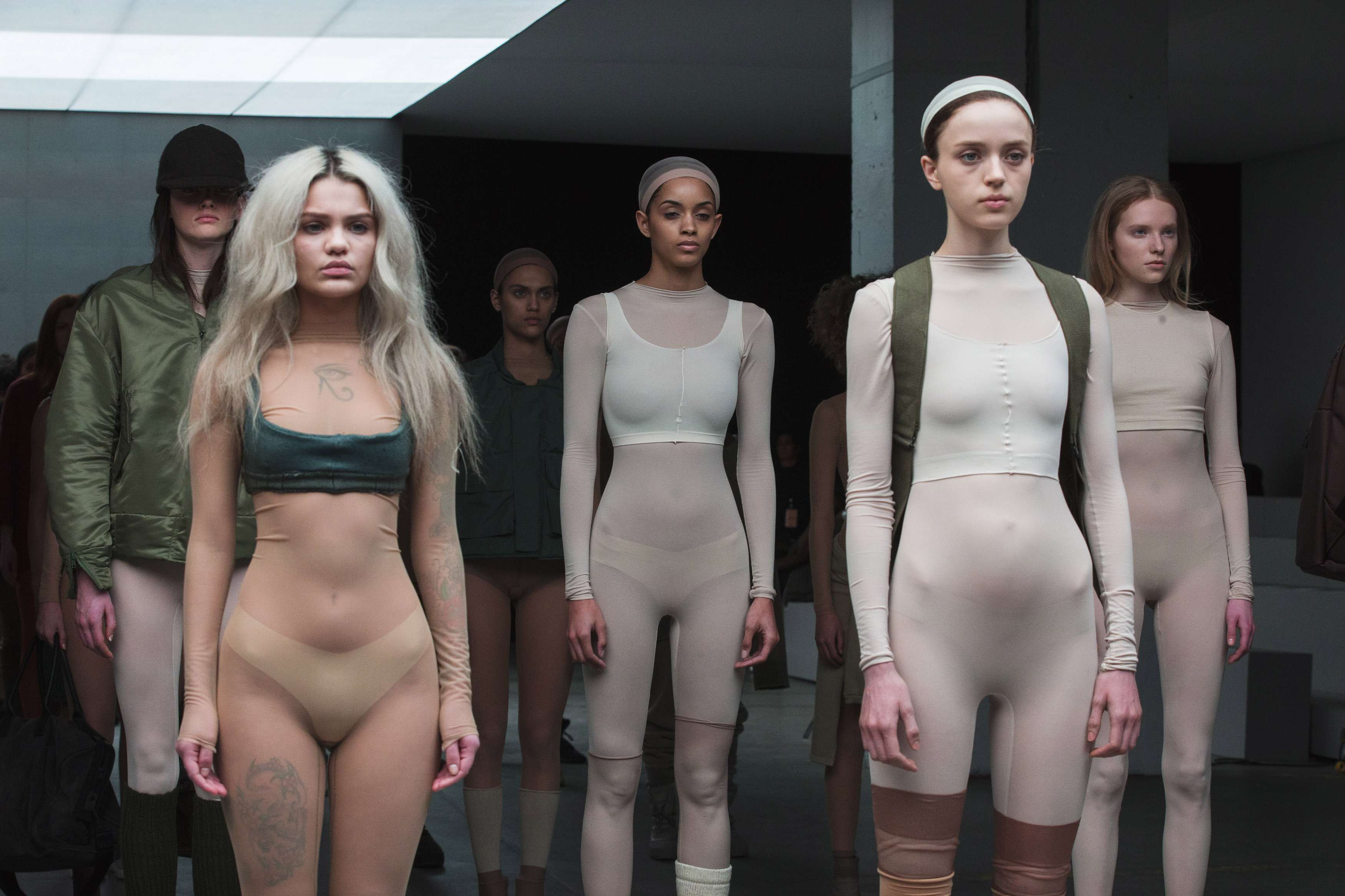 Creations from Kanye West's autumn/winter 2015 Adidas Original collection. Beige body stockings at times made the female models look like nearly naked Barbie dolls. Photo: Reuters