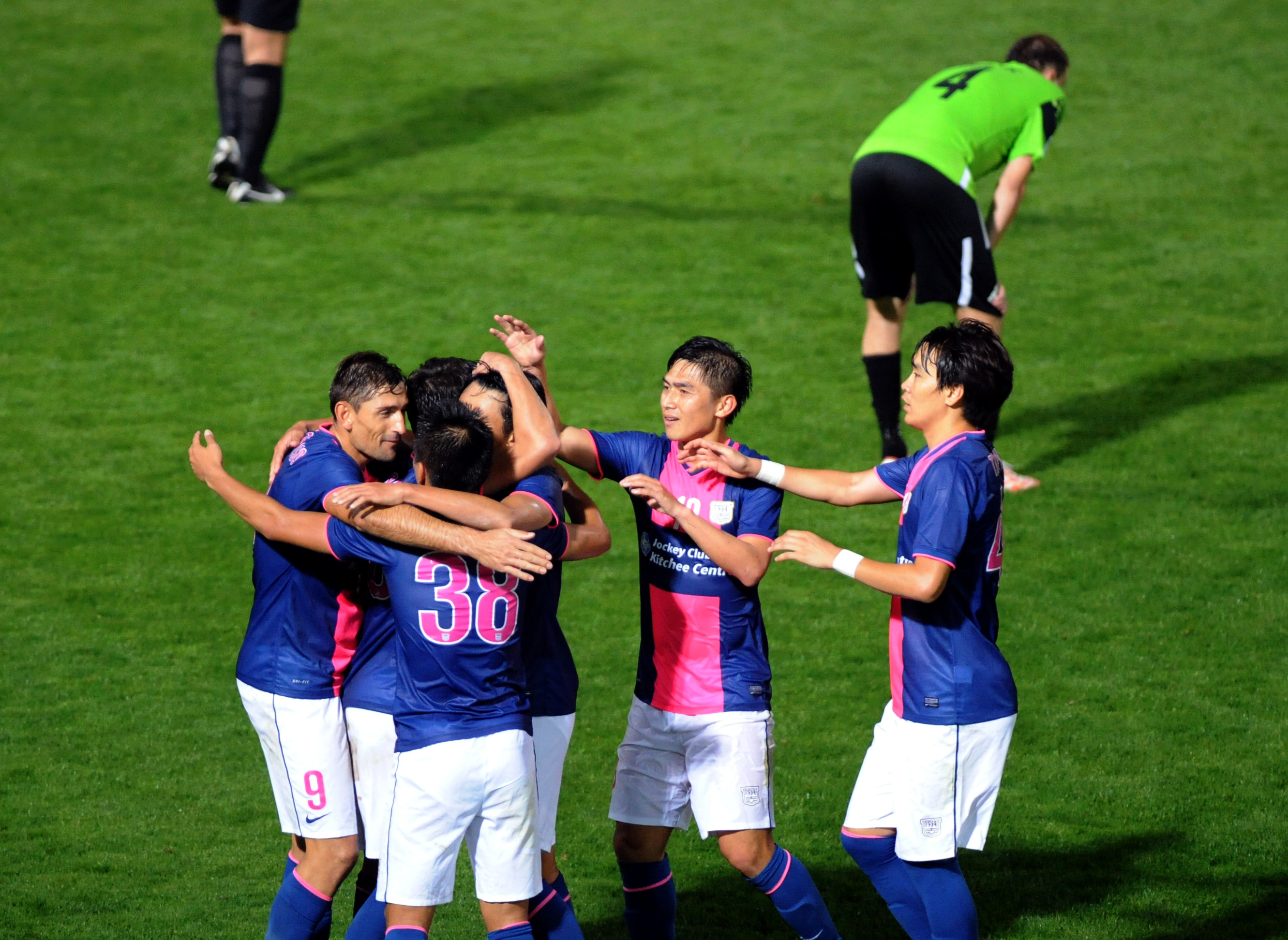 Kitchee players celebrate their 3-0 win over Singapore side Balestier Khalsa in an AFC Cup group F match at Mong Kong Stadium. Photo: Xinhua 