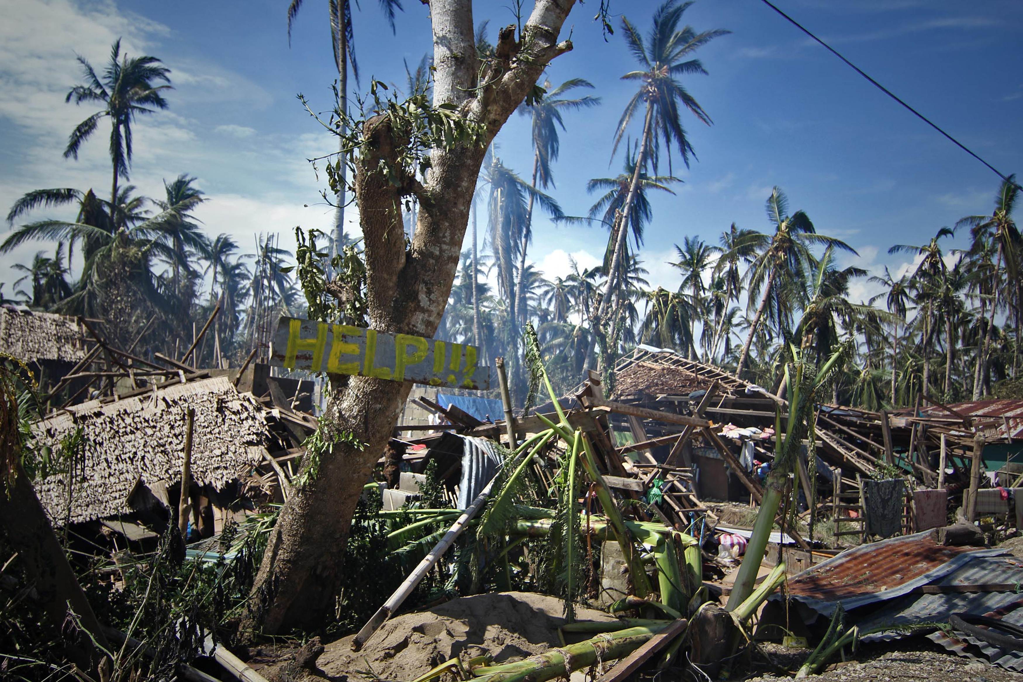 A sign calling for help was seen among the destruction wrought by a typhoon last December in central Philippines. Photo: AFP