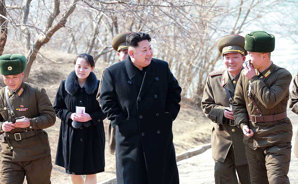 North Korean leader Kim Jong-un tours a military unit on an island off the North Korean coasr near the sea border with South Korea. Kim's younger sister, Kim Yo-jong, is seen in the background. Photo: EPA