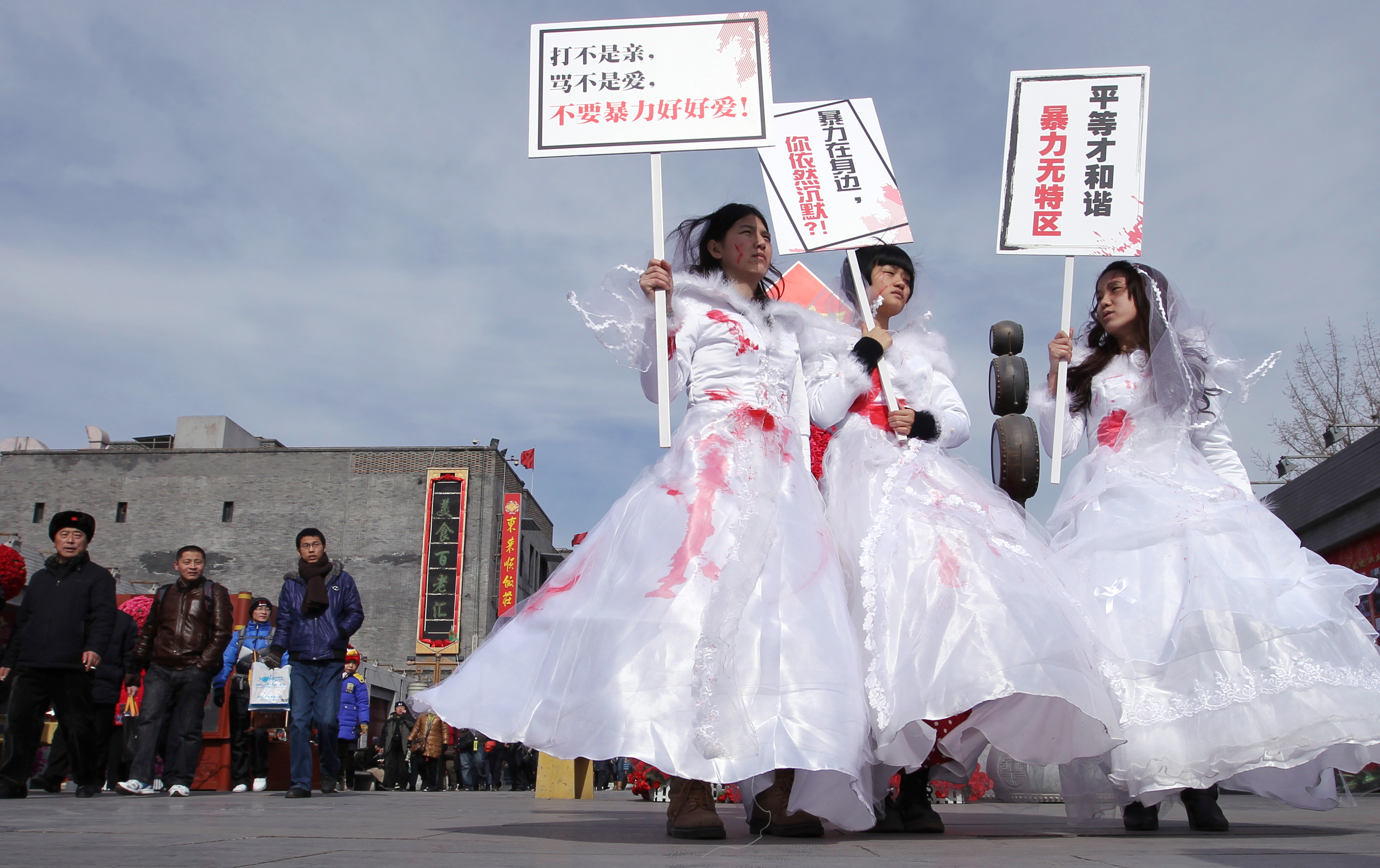 A protest against domestic violence in Beijing in 2012 involving Li Tingting (left) and Wei Tingting (right), two of the activists now detained. Photo: Simon Song
