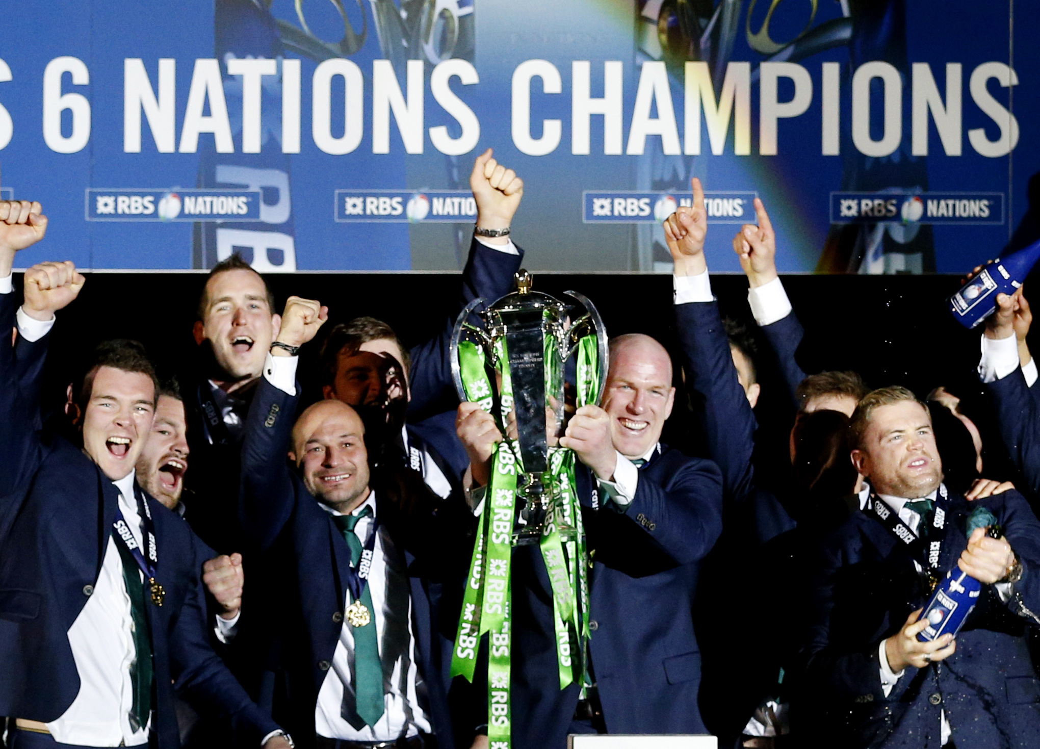 Ireland captain Paul O’Connell lifts the Six Nations trophy after a tumultuous final day. Photos: AFP
