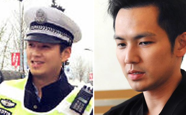 A huge crowd of Chinese women running in a marathon delayed the race after surrounding a handsome Chongqing policeman they thought looks like Hong Kong actor Wallace Chung (right). Photos: SCMP Pictures