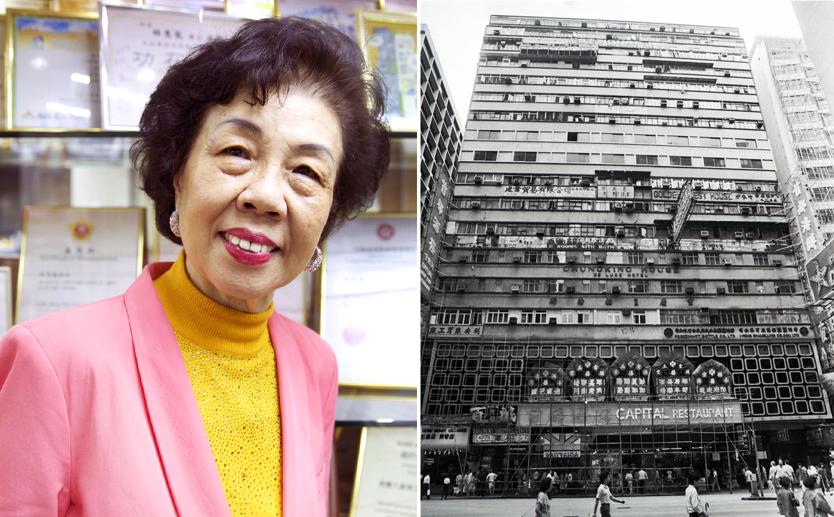 Lam Wai-lung became the chairwoman of the Owners' Corporation of Chungking Mansions in 1993; Chungking Mansions in 1985. Photos: Vicky Feng, SCMP